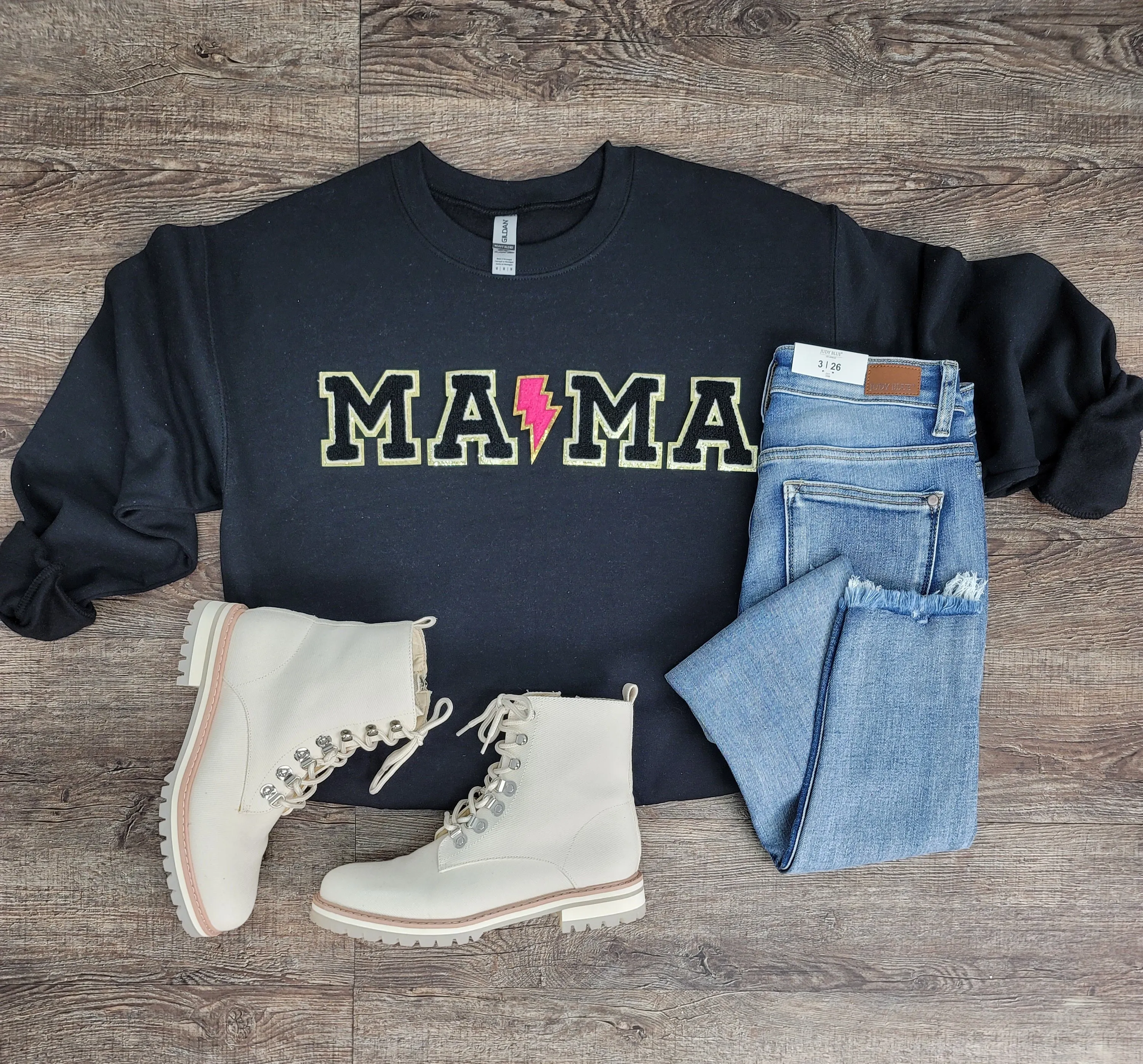 3Blues Designs |   Hazel Blues® |  CUSTOM Saying Chenille Patch Sweatshirt