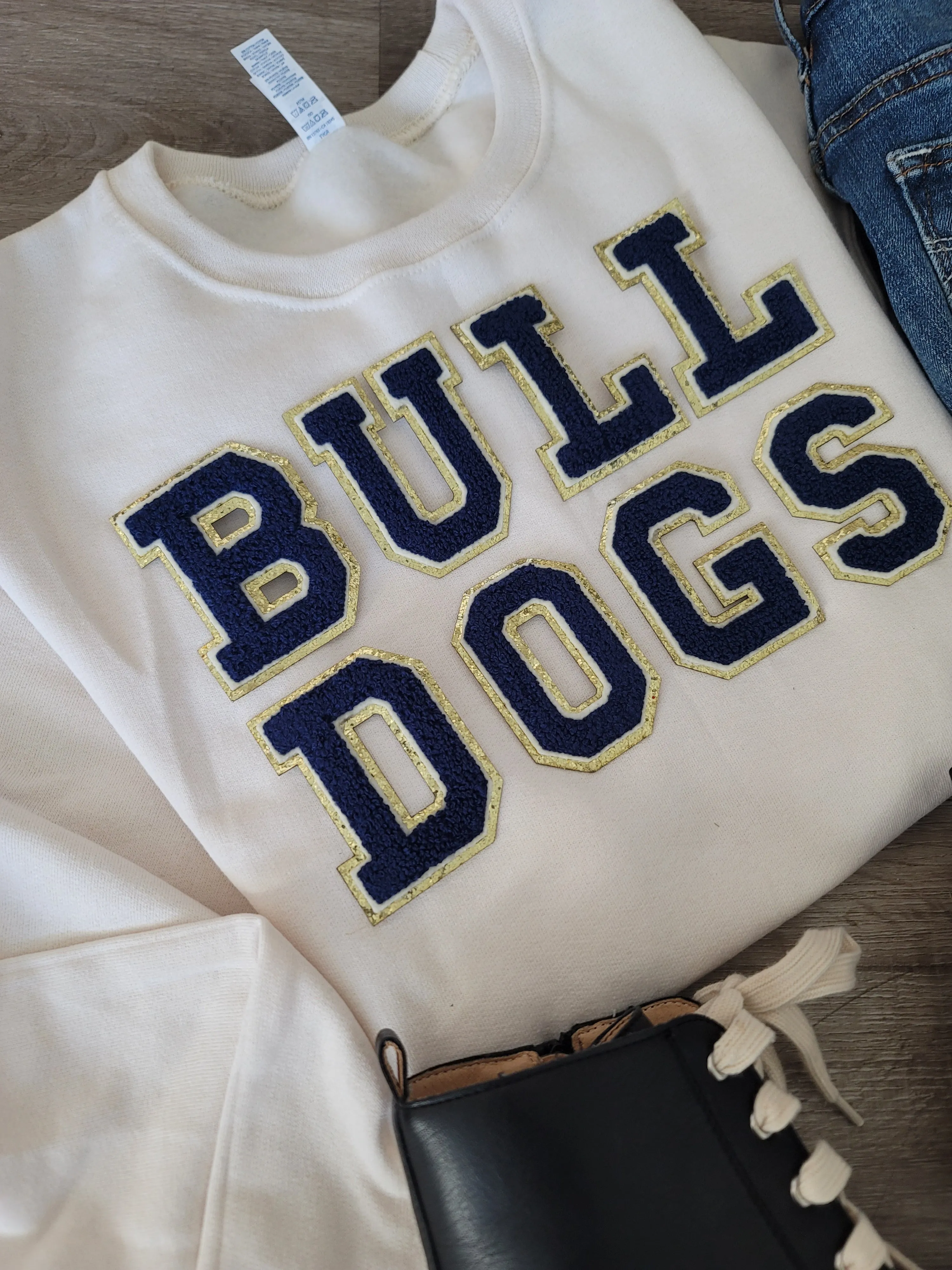 3Blues Designs |   Hazel Blues® |  CUSTOM Saying Chenille Patch Sweatshirt