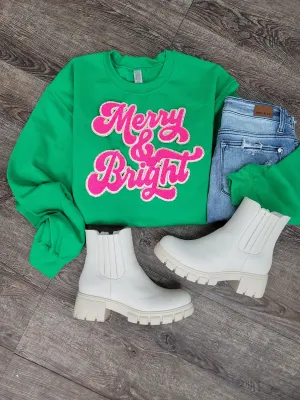 3Blues Designs |   Hazel Blues® |  Merry & Bright Chenille Patch Sweatshirt: HOT PINK