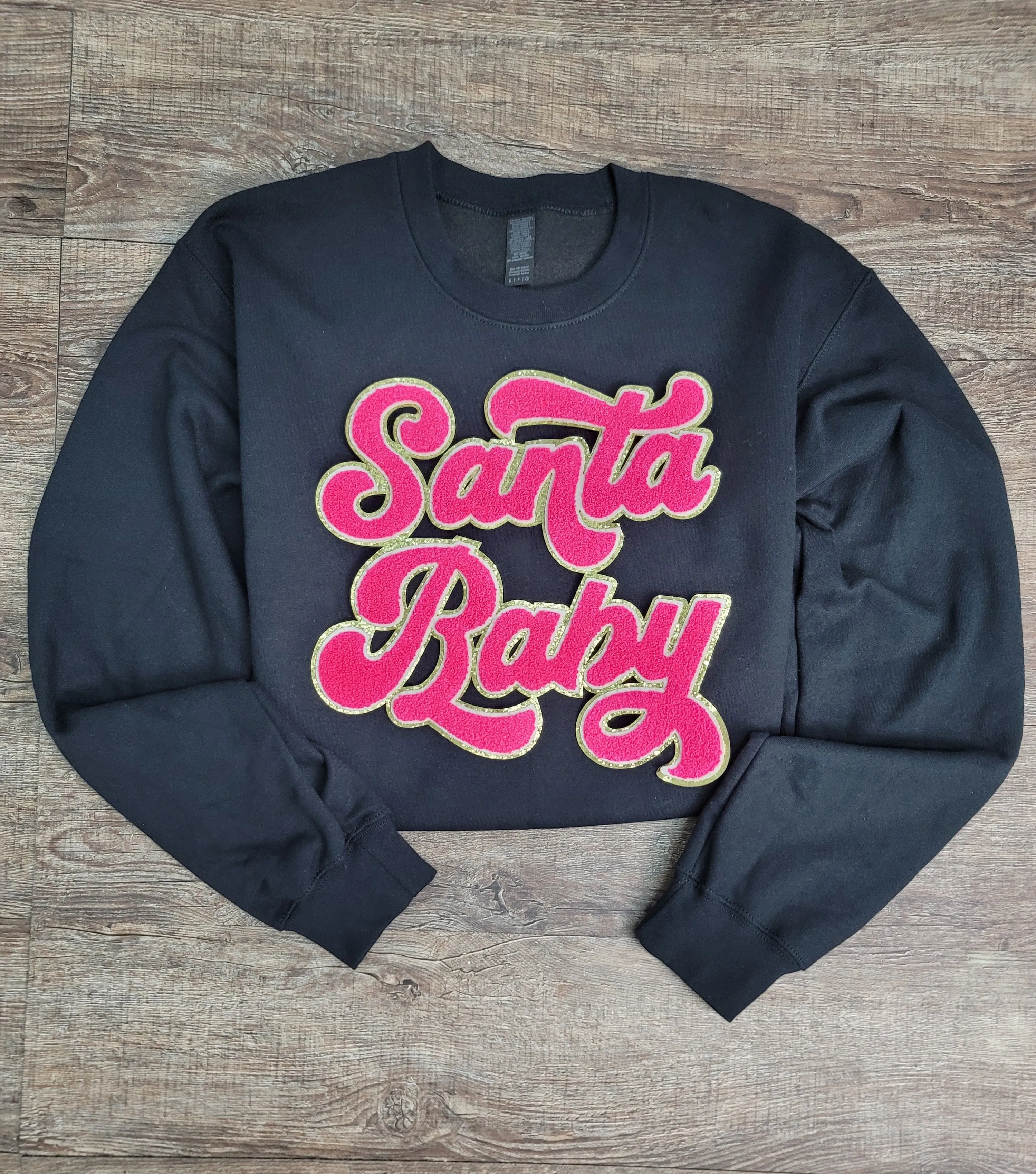3Blues Designs |   Hazel Blues® |  Santa Baby Chenille Patch Sweatshirt: HOT PINK