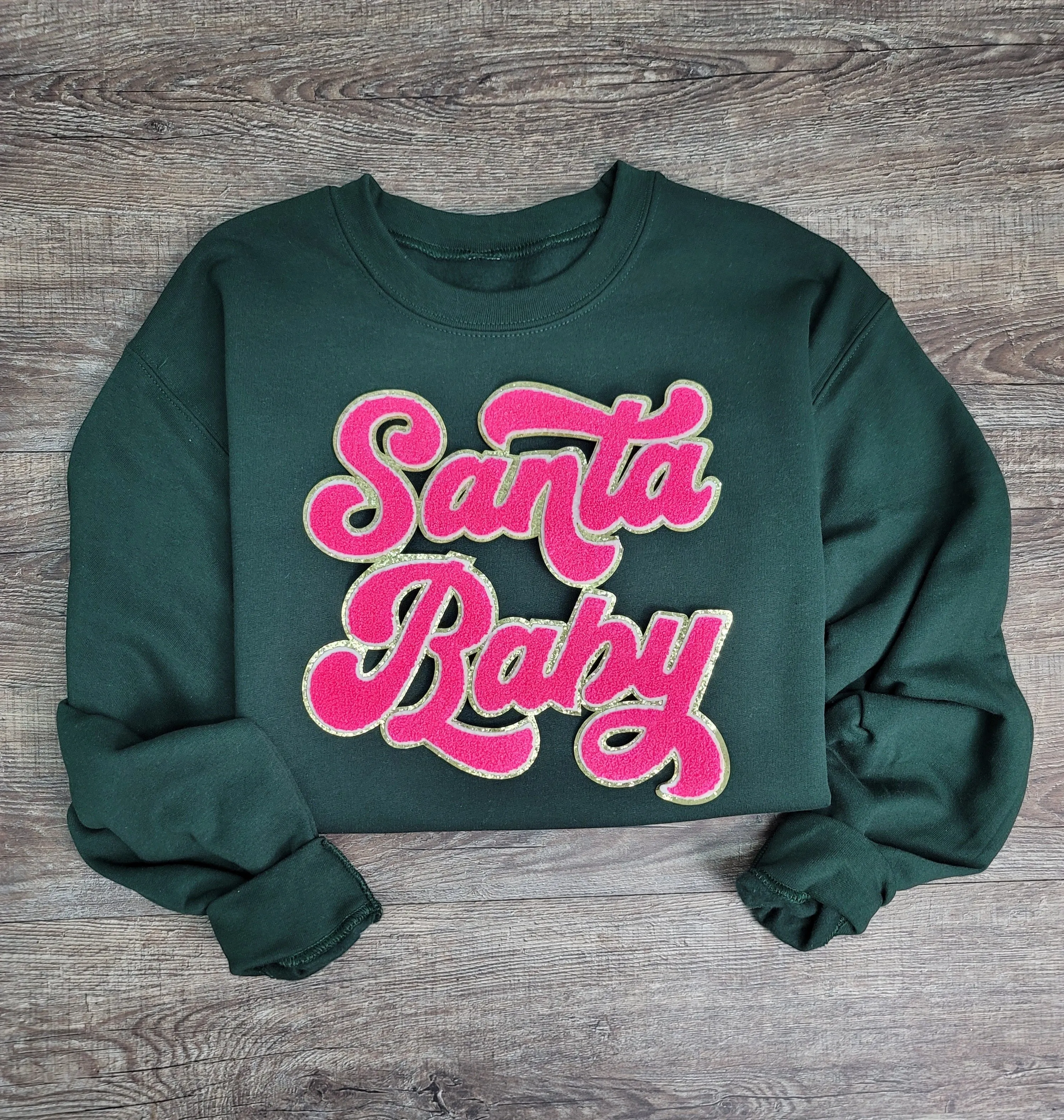 3Blues Designs |   Hazel Blues® |  Santa Baby Chenille Patch Sweatshirt: HOT PINK