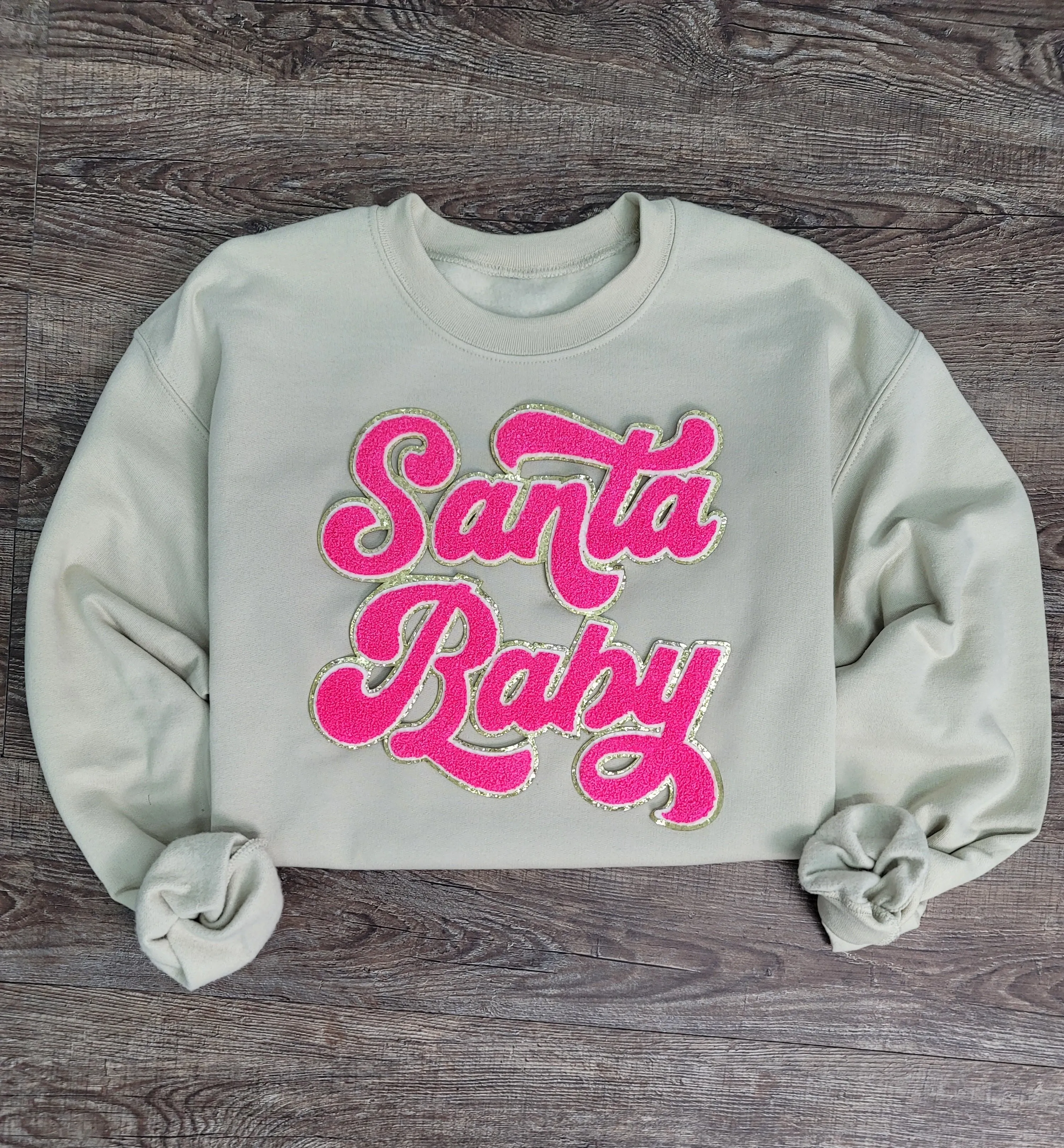 3Blues Designs |   Hazel Blues® |  Santa Baby Chenille Patch Sweatshirt: HOT PINK