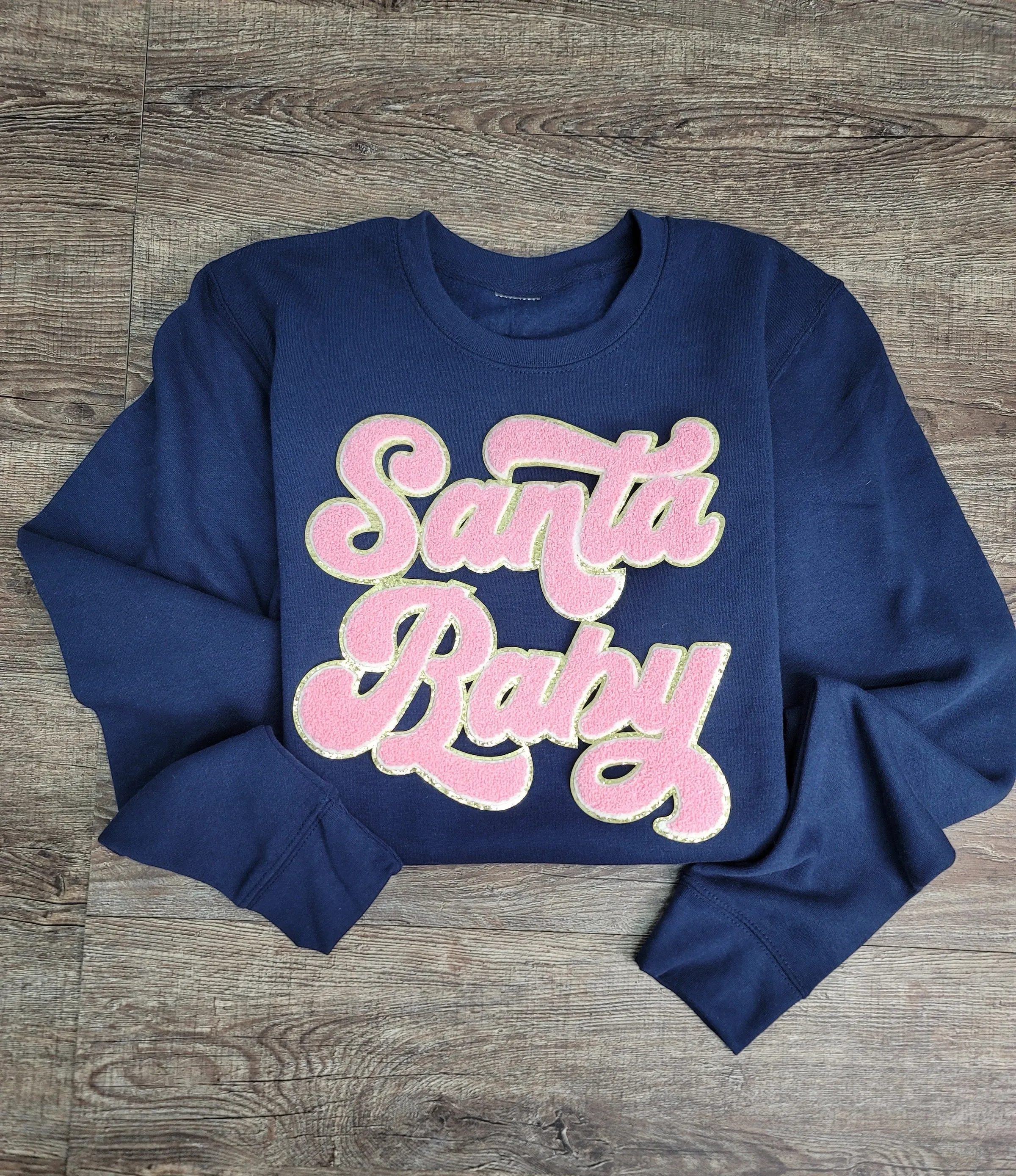 3Blues Designs |   Hazel Blues® |  Santa Baby Chenille Patch Sweatshirt: LIGHT PINK