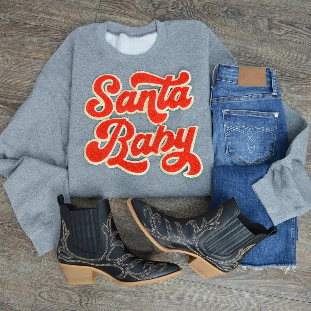 3Blues Designs |   Hazel Blues® |  Santa Baby Chenille Patch Sweatshirt: RED