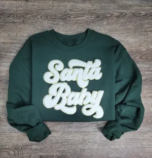 3Blues Designs |   Hazel Blues® |  Santa Baby Chenille Patch Sweatshirt: WHITE