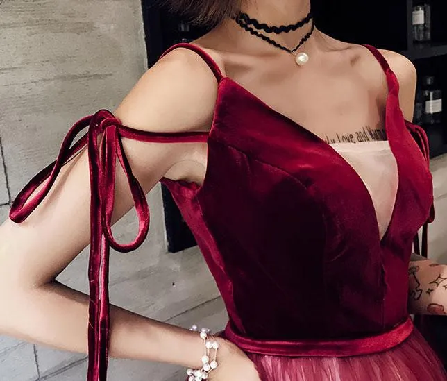 A-line Floor-length V-neck Long Tulle Lace Up Back Prom Dresses, PD0082