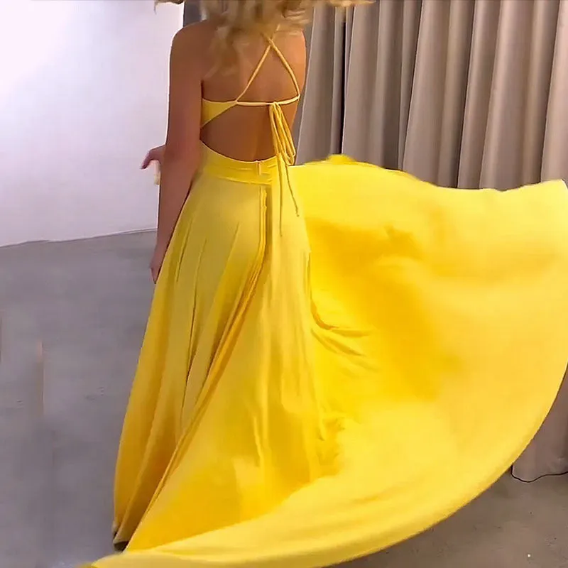 A-line Sweep Train V-neck Jersey Split Front Prom Dresses