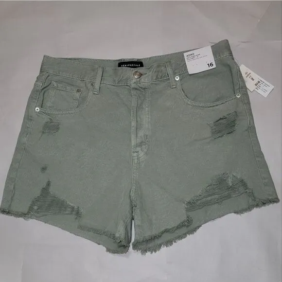 Aeropostale 90's High Rise Cut-Off Olive Destructed Shorts 4&quot; Inseam NWT Size 16