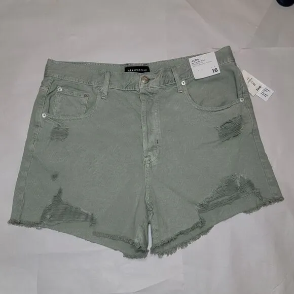 Aeropostale 90's High Rise Cut-Off Olive Destructed Shorts 4&quot; Inseam NWT Size 16