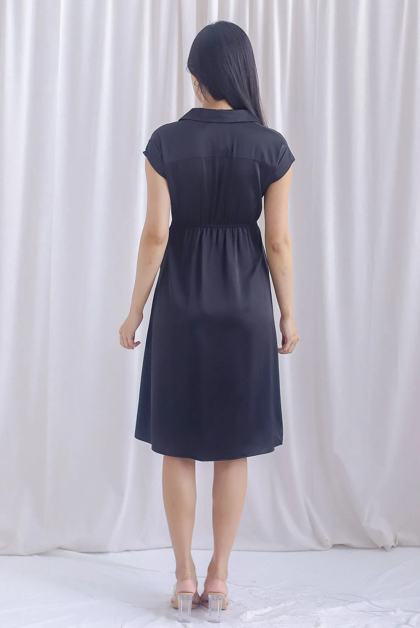 Ava Overlap Front Satin Dress In Black