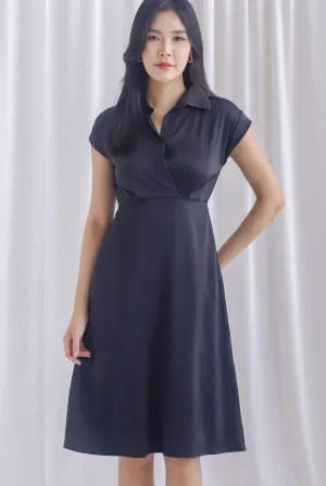 Ava Overlap Front Satin Dress In Black