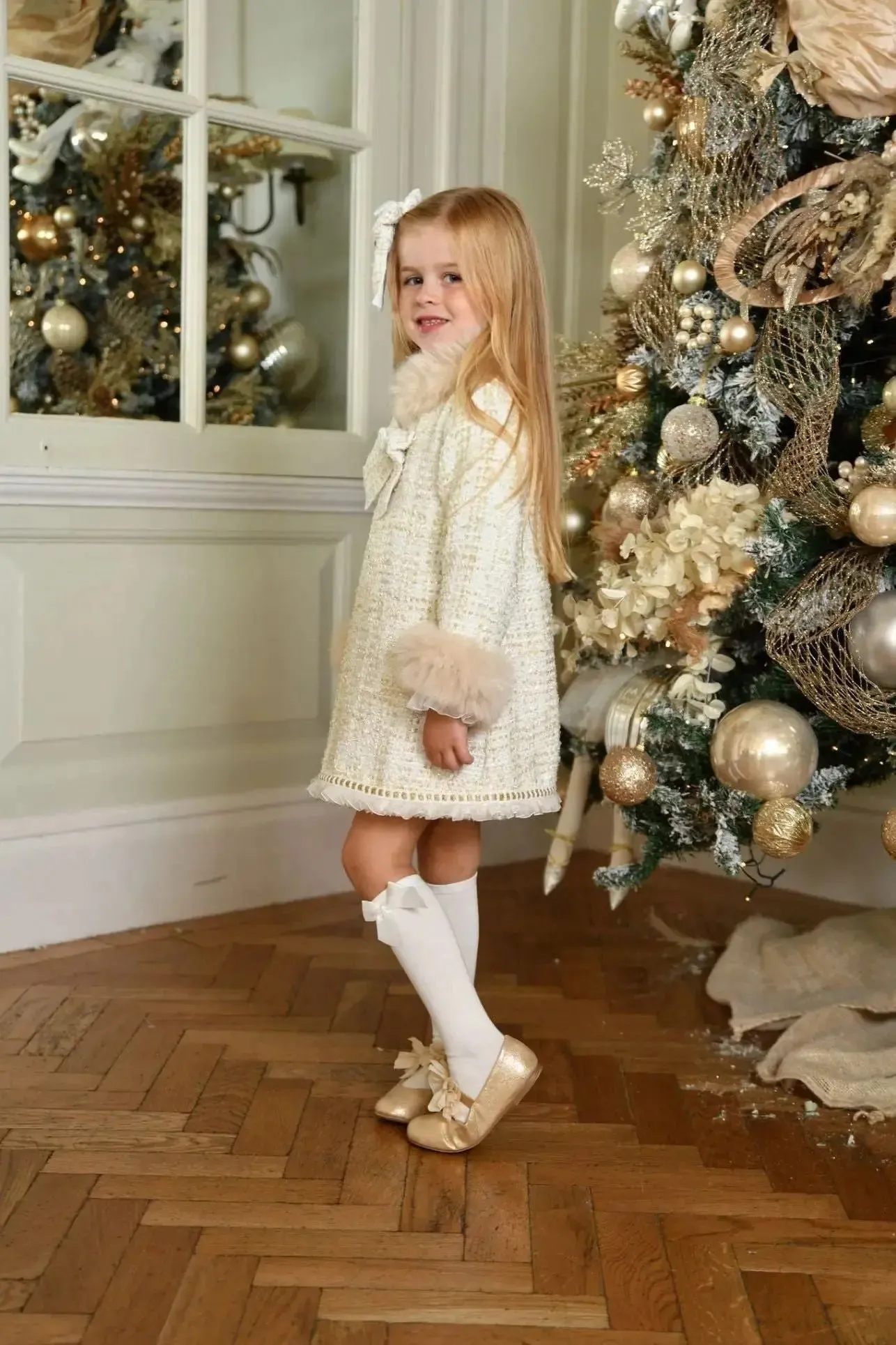 AW24 Naxos Girls Cream Chanel Tweed Fur Dress