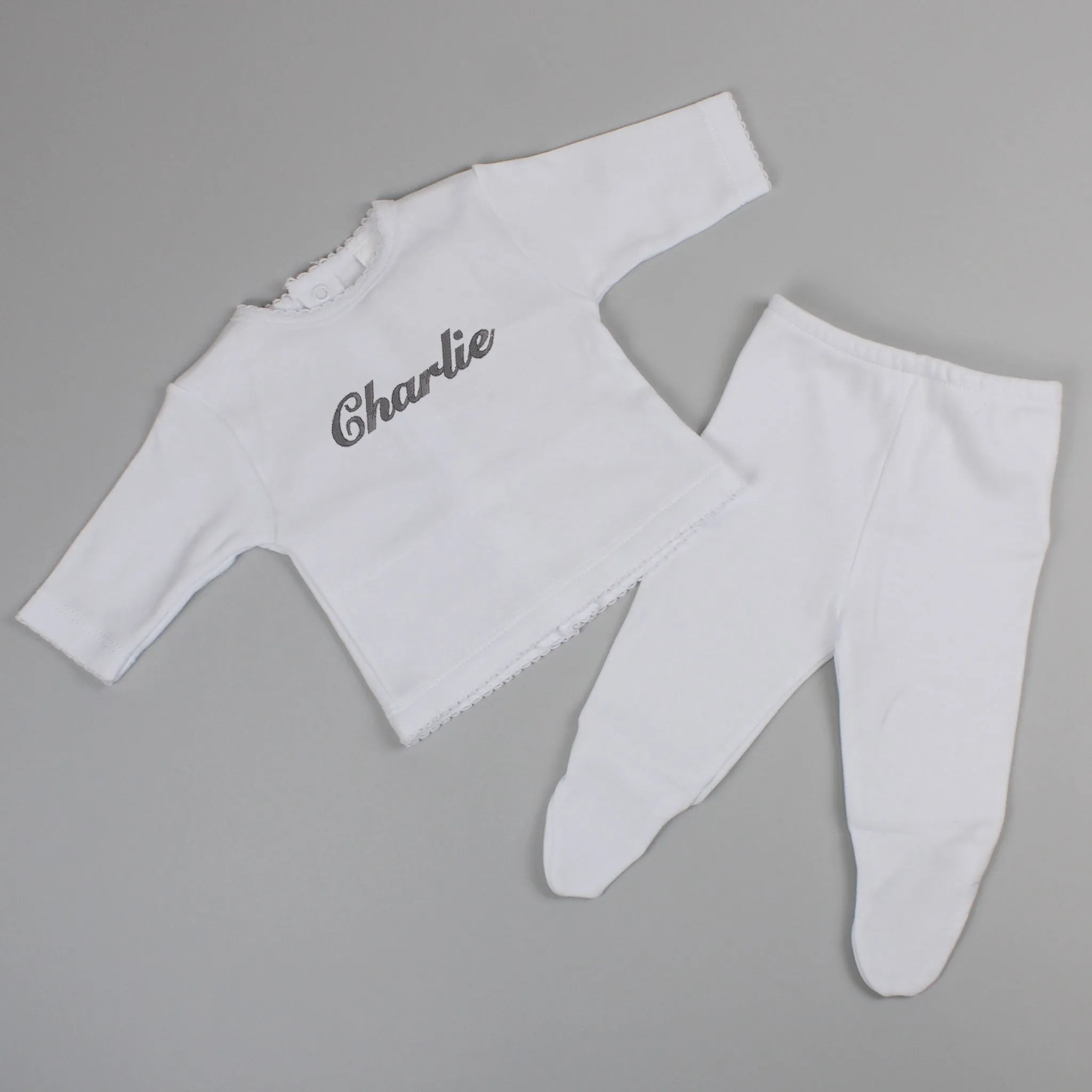 Baby Unisex Personalised 2 Piece Cotton Outfit - White