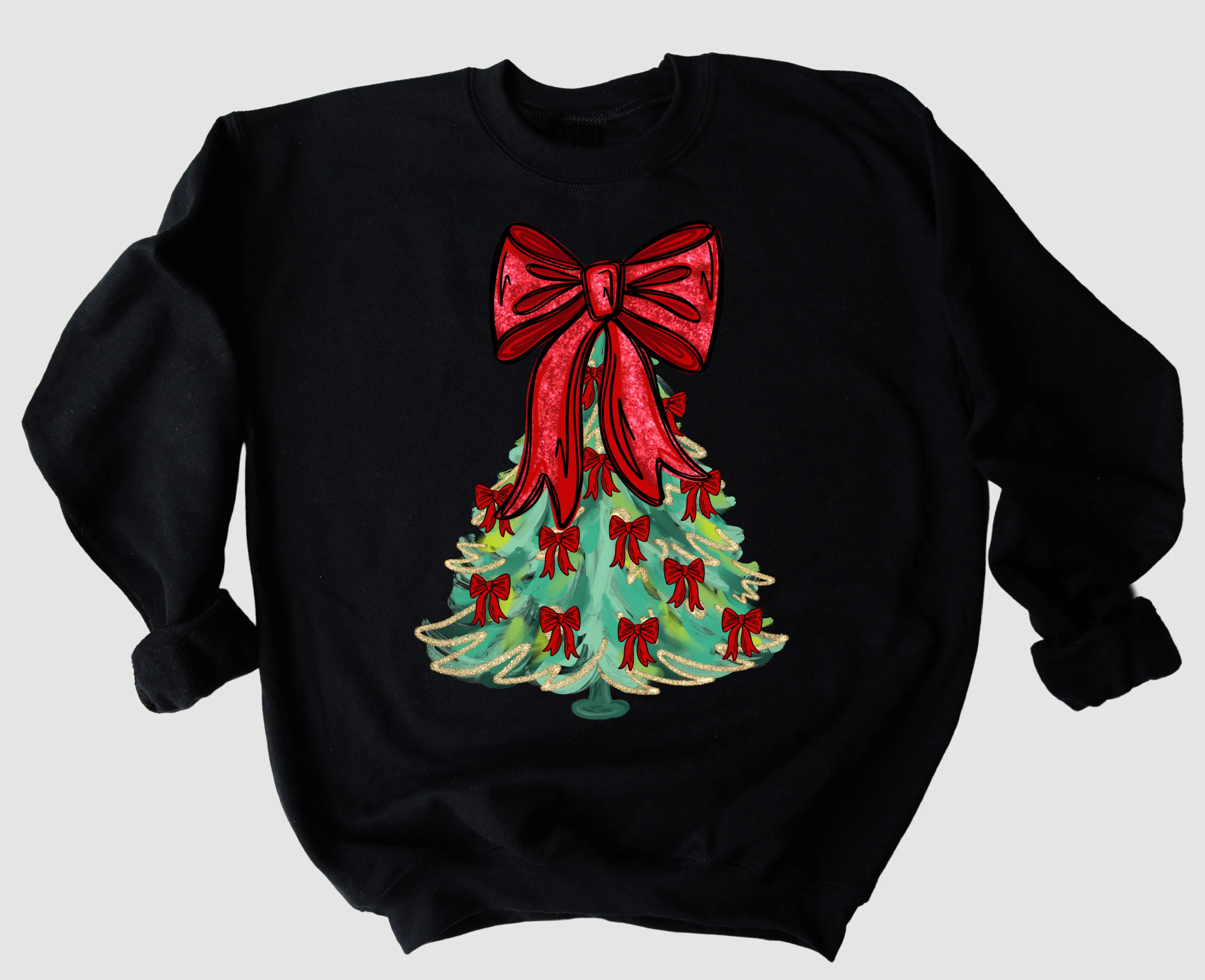 Black Christmas Bow Tree Sweatshirt - Adult Sizes - Gildan or Bella Canvas/ Faux Foil DTF Printed Sweatshirt