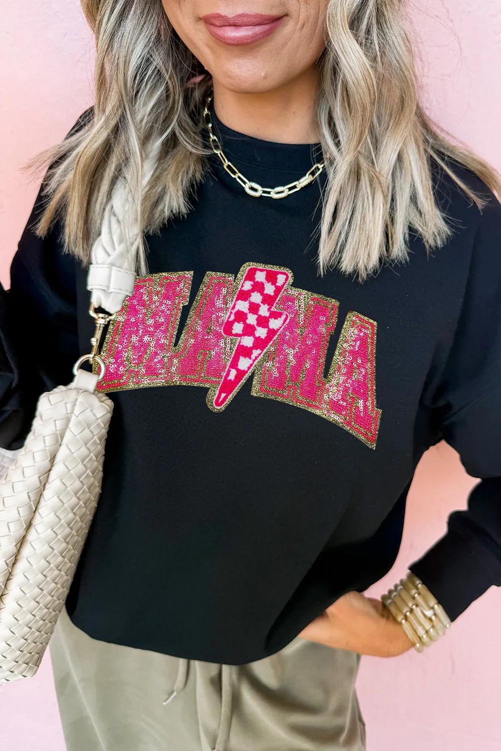 Black MAMA Shiny Graphic Pullover Sweatshirt