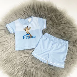 Blue Striped Cotton Animal Embroidered Personalised  Loungeset - Various Animals