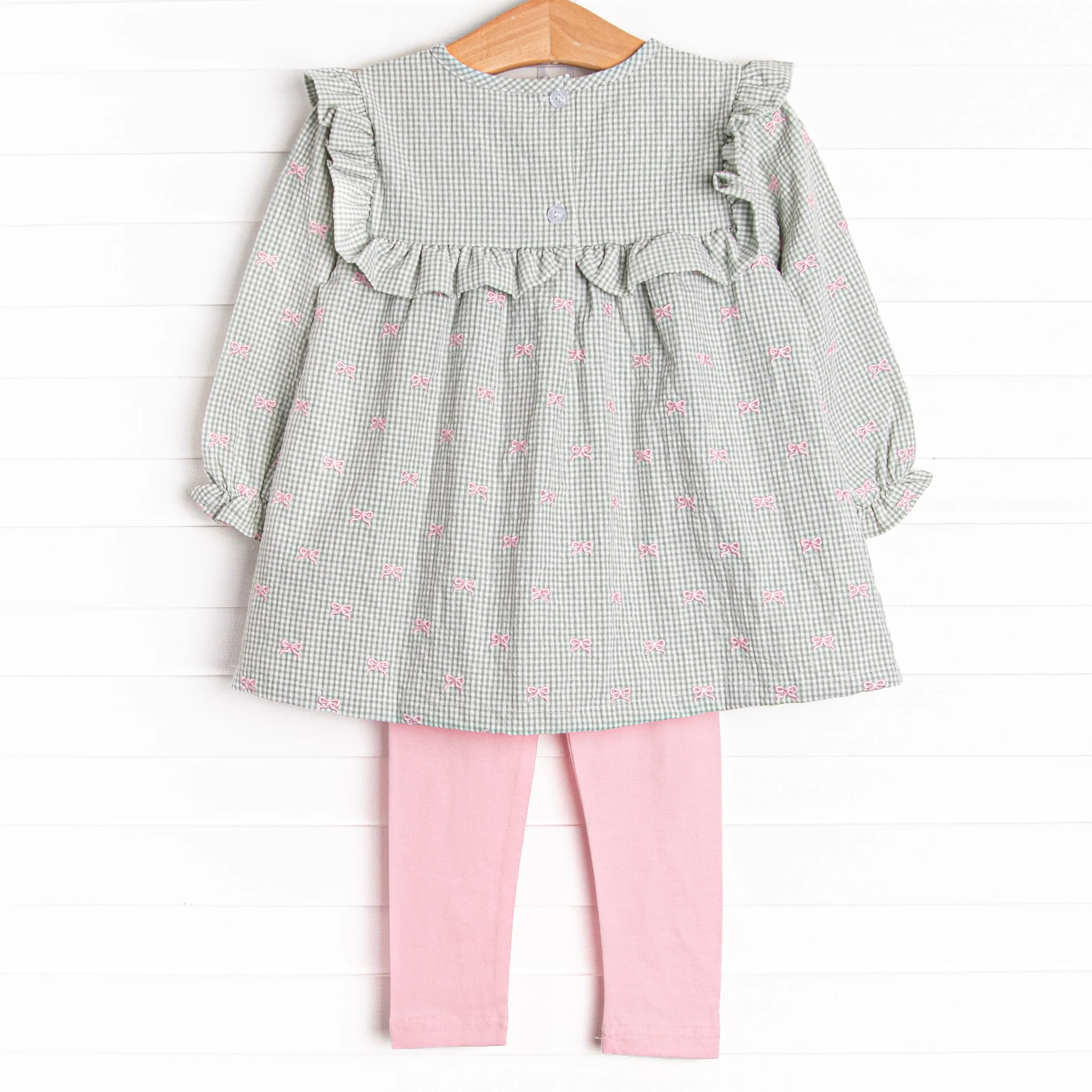 Brooksy Bows Embroidered Legging Set, Green Gingham