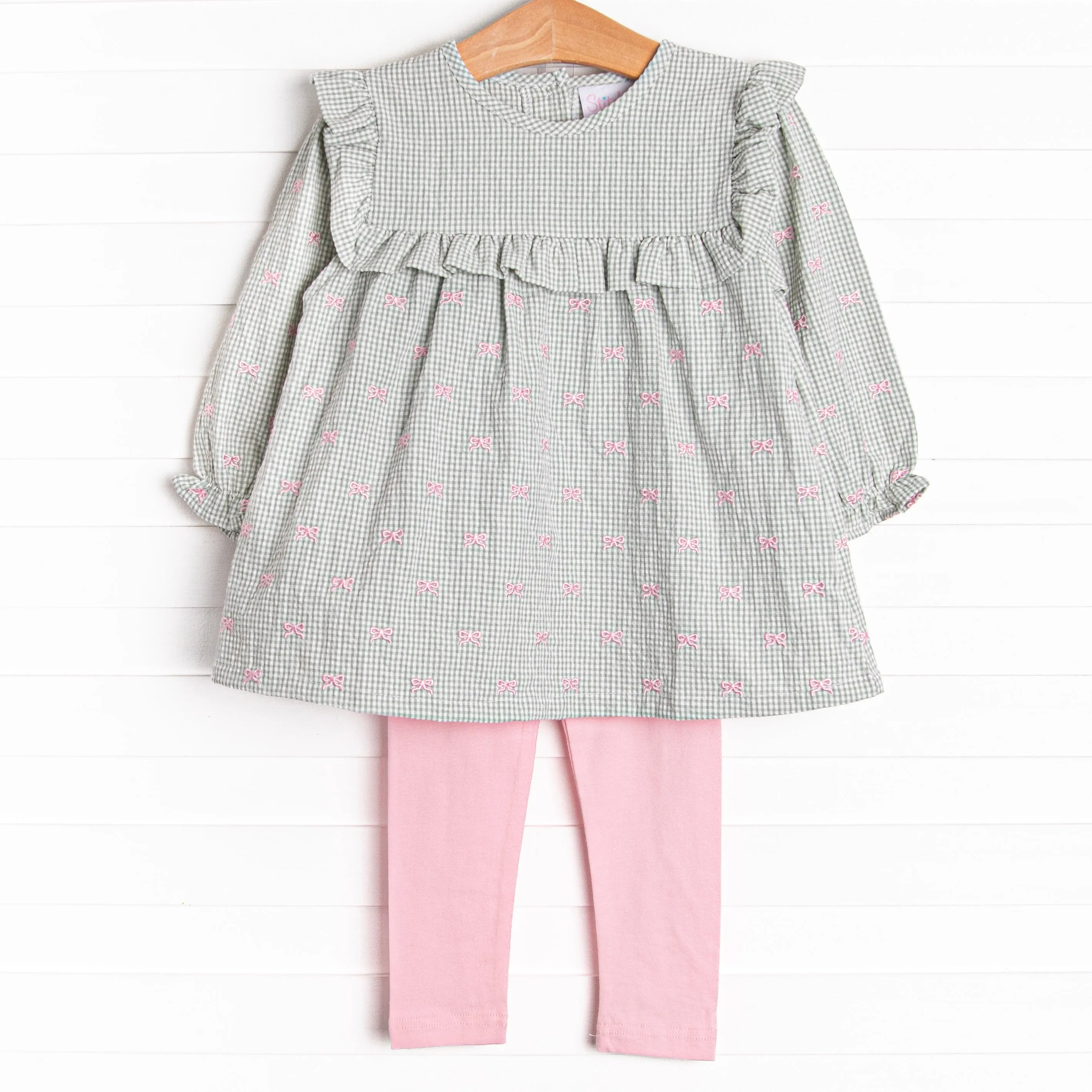 Brooksy Bows Embroidered Legging Set, Green Gingham