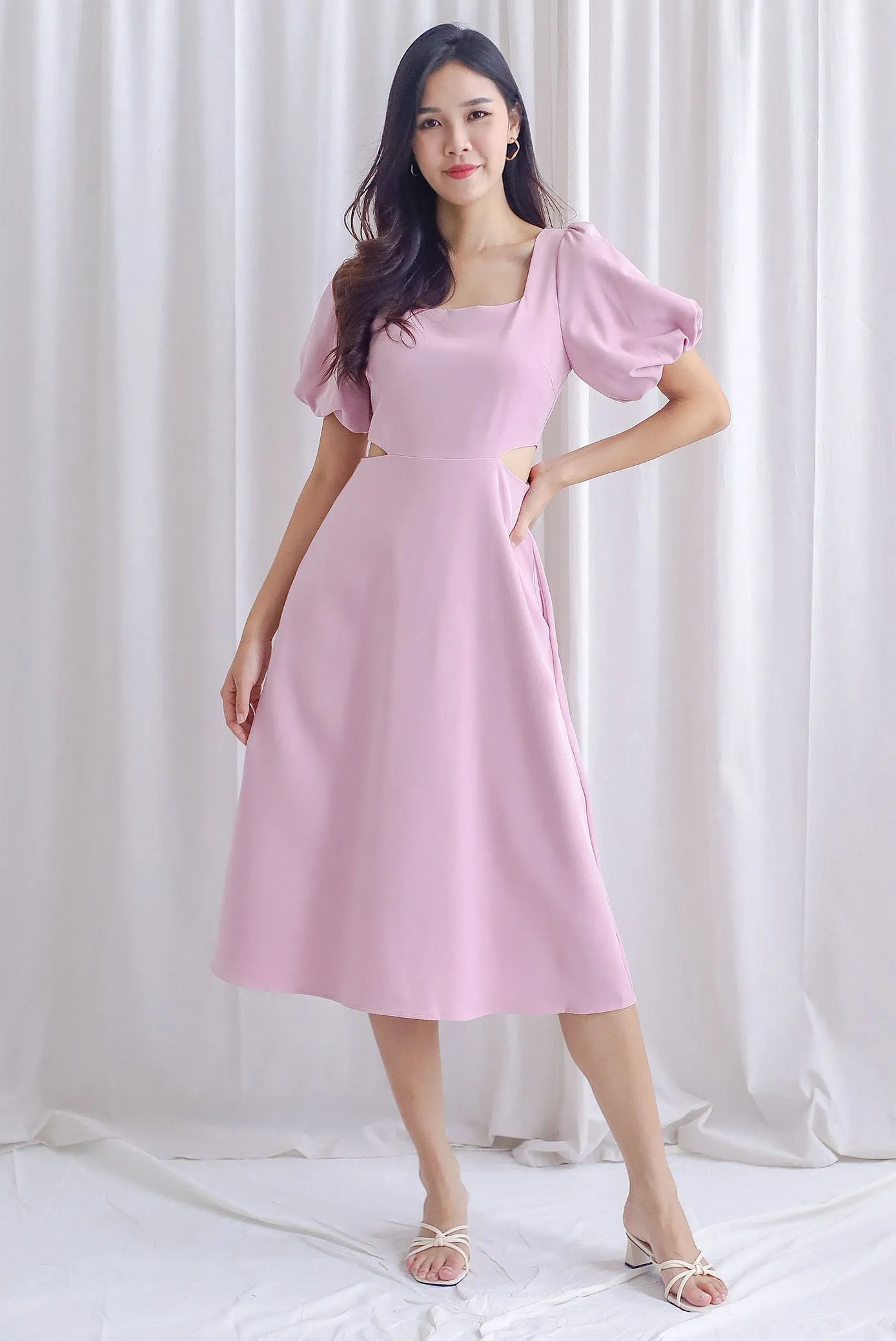 Chantel Sleeved Cut Out Waist Midi Dress In Pink