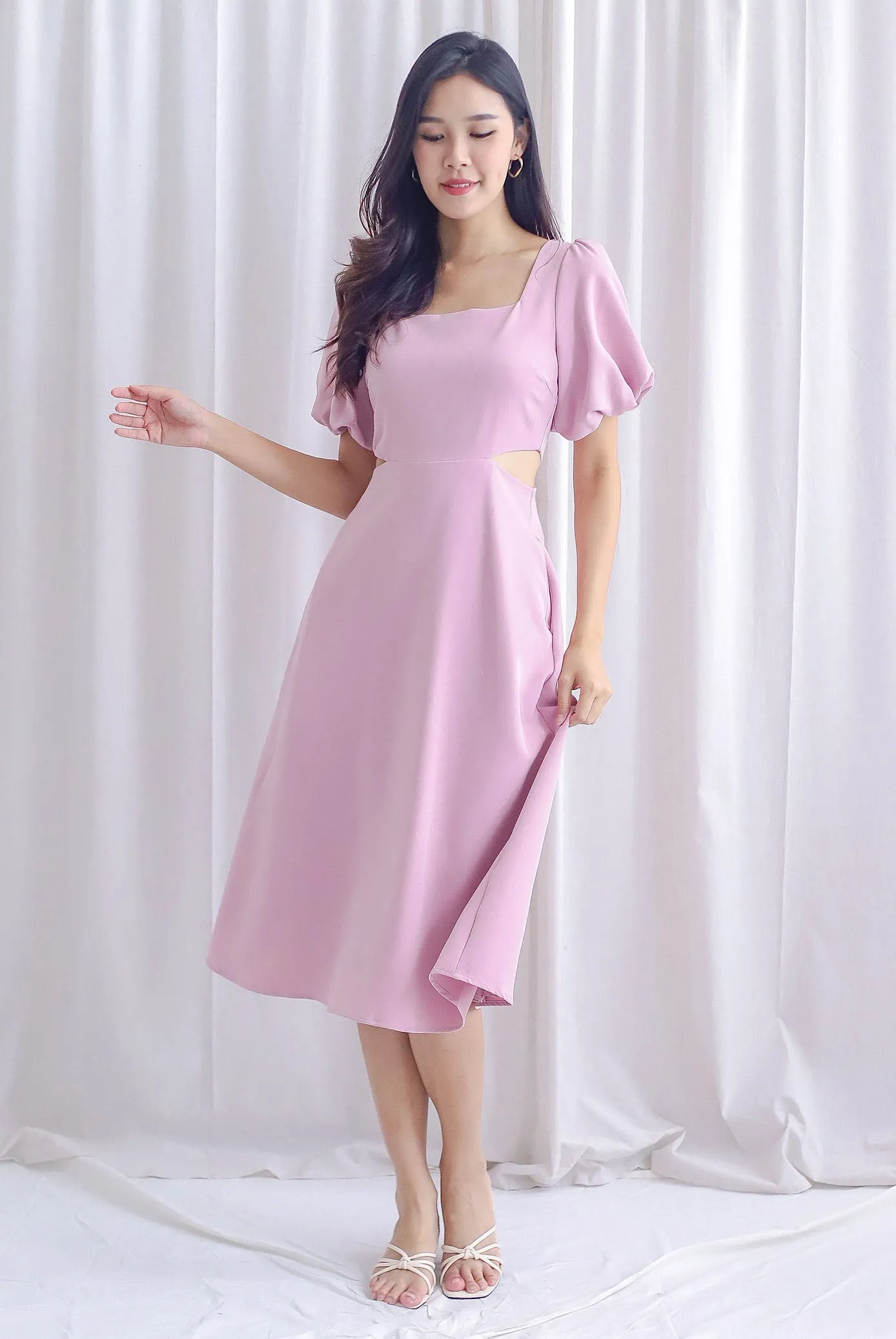 Chantel Sleeved Cut Out Waist Midi Dress In Pink