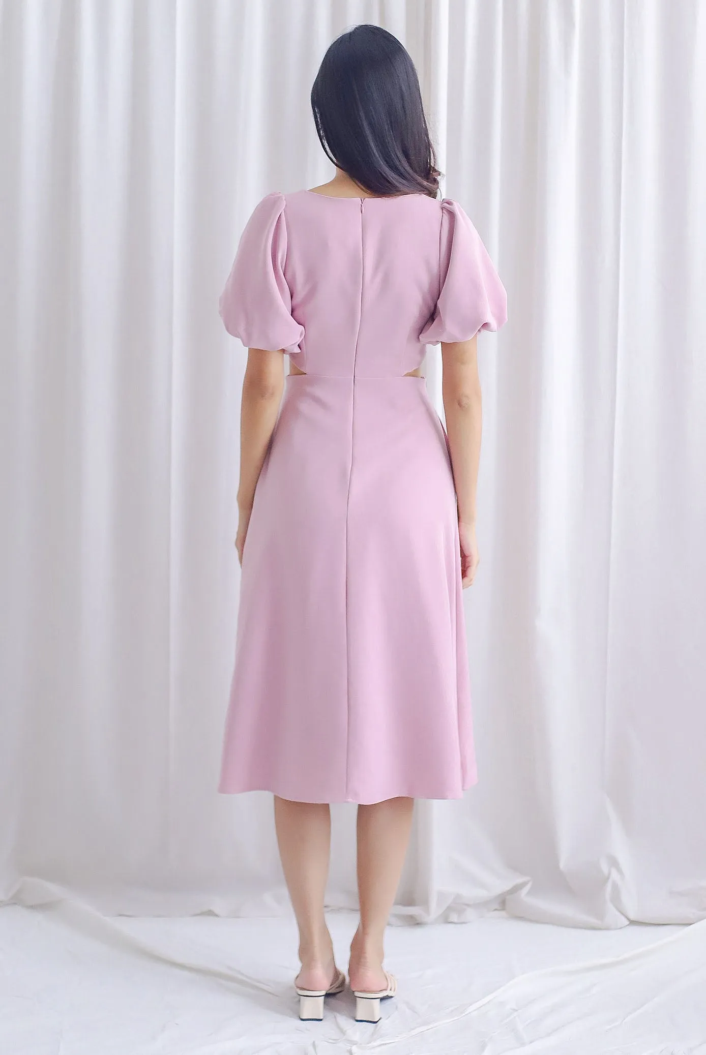 Chantel Sleeved Cut Out Waist Midi Dress In Pink