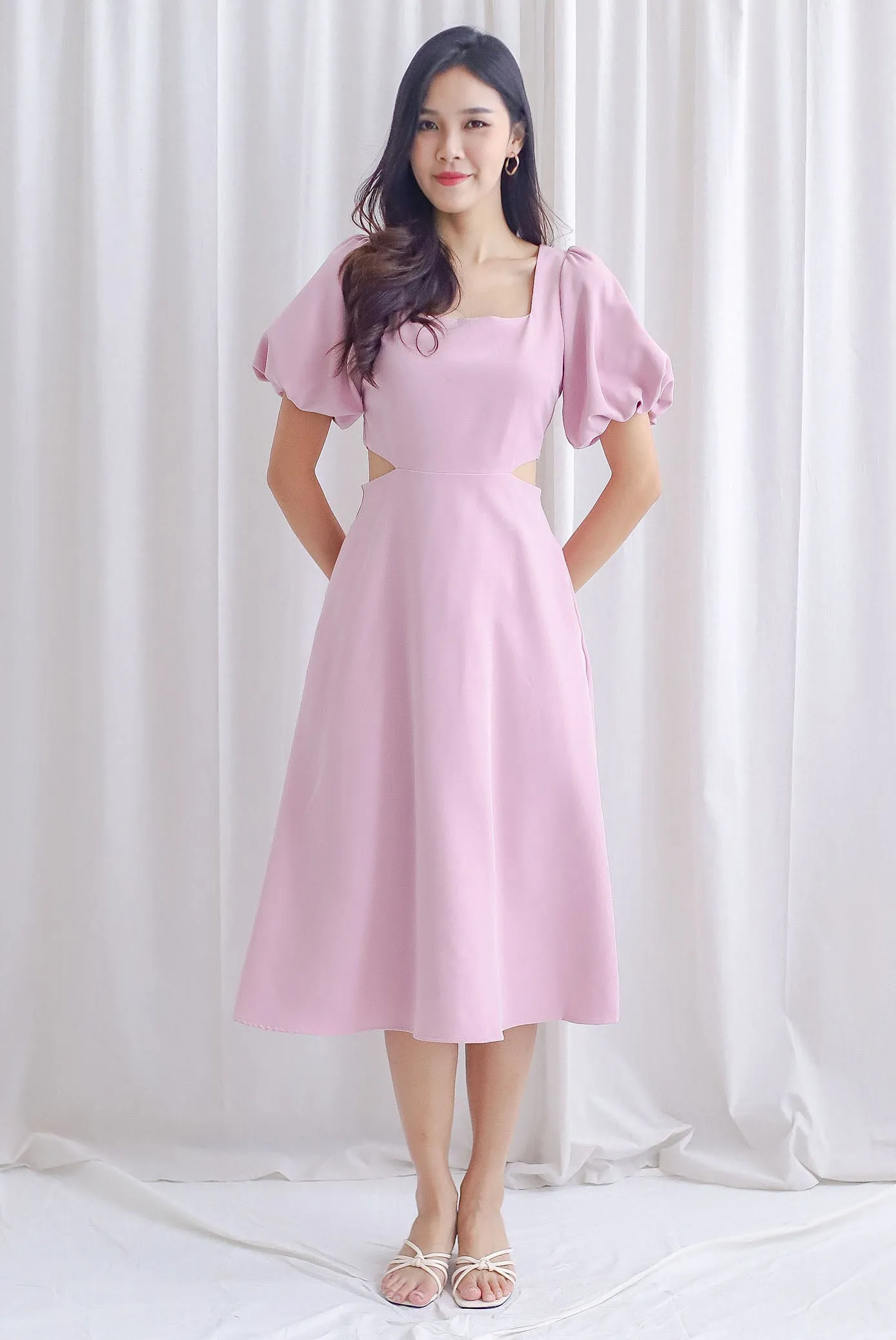 Chantel Sleeved Cut Out Waist Midi Dress In Pink