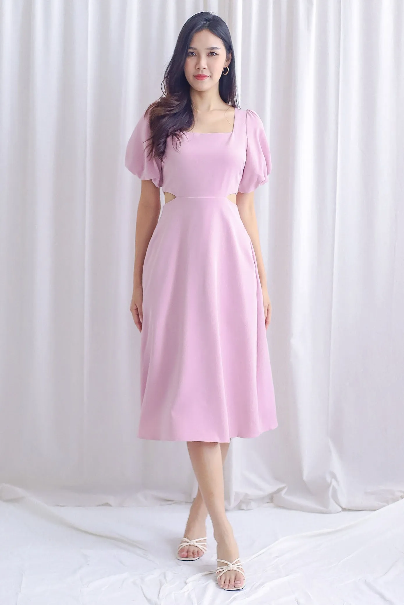 Chantel Sleeved Cut Out Waist Midi Dress In Pink