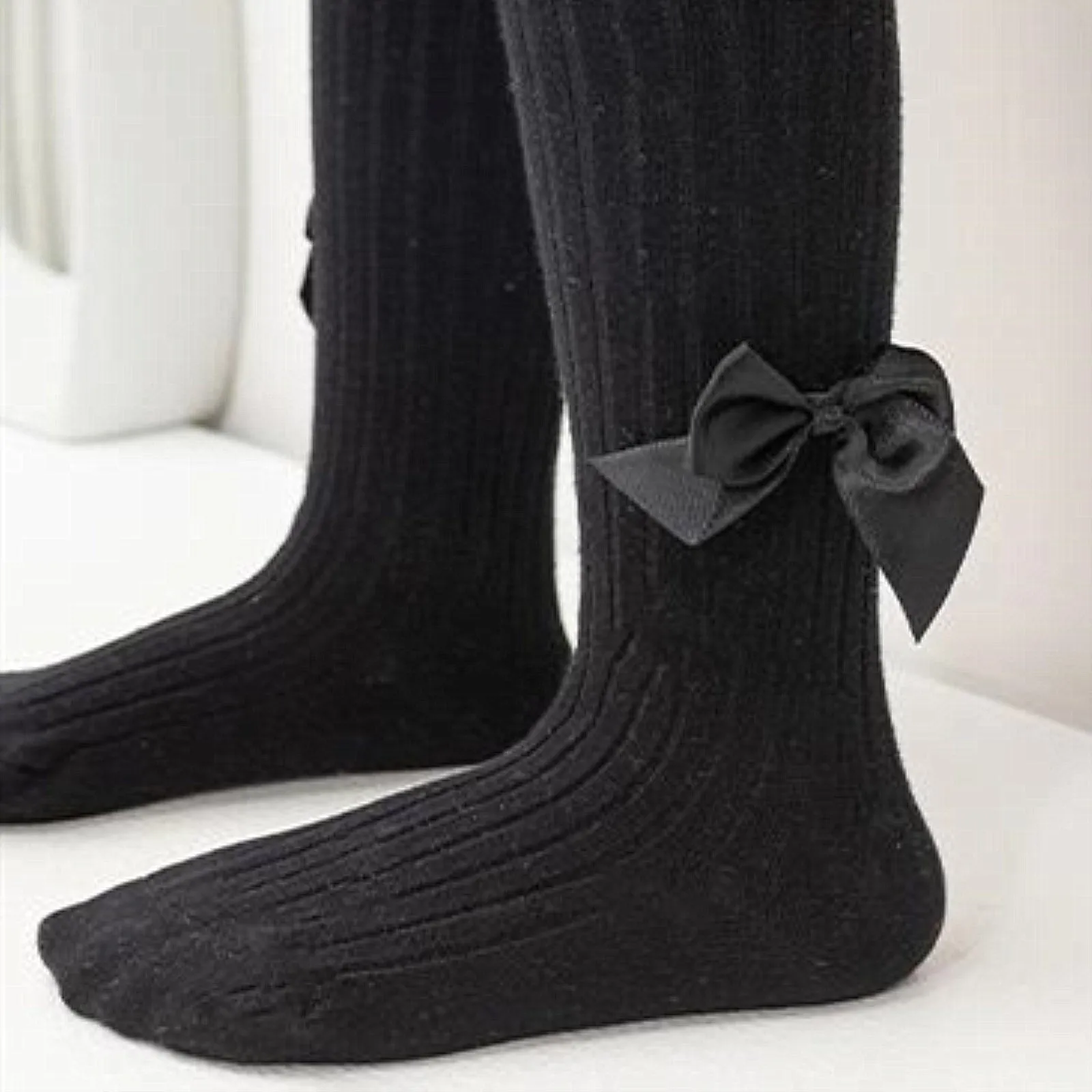 Girls' Cable Knit Seamless Tights with Bow