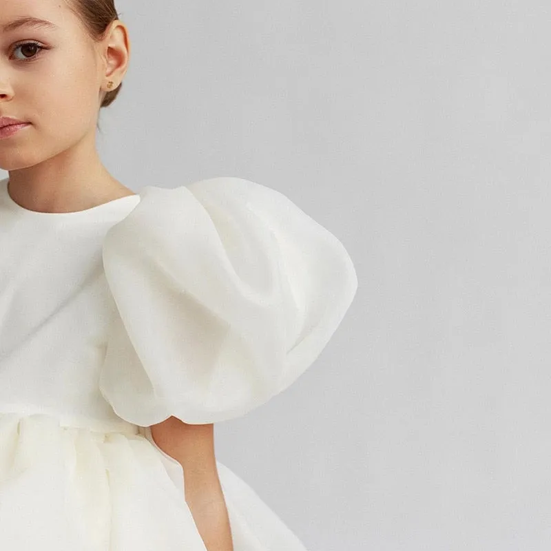 Girls Elegant Party Wear Dress with Puffy Sleeves - White
