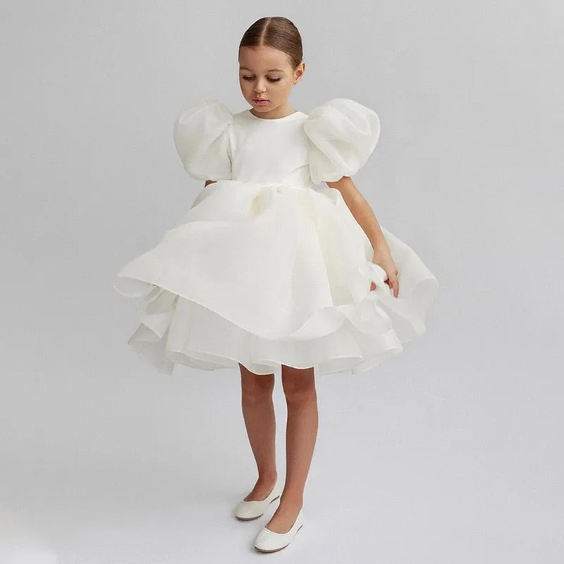 Girls Elegant Party Wear Dress with Puffy Sleeves - White