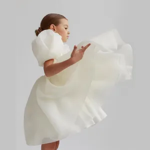 Girls Elegant Party Wear Dress with Puffy Sleeves - White