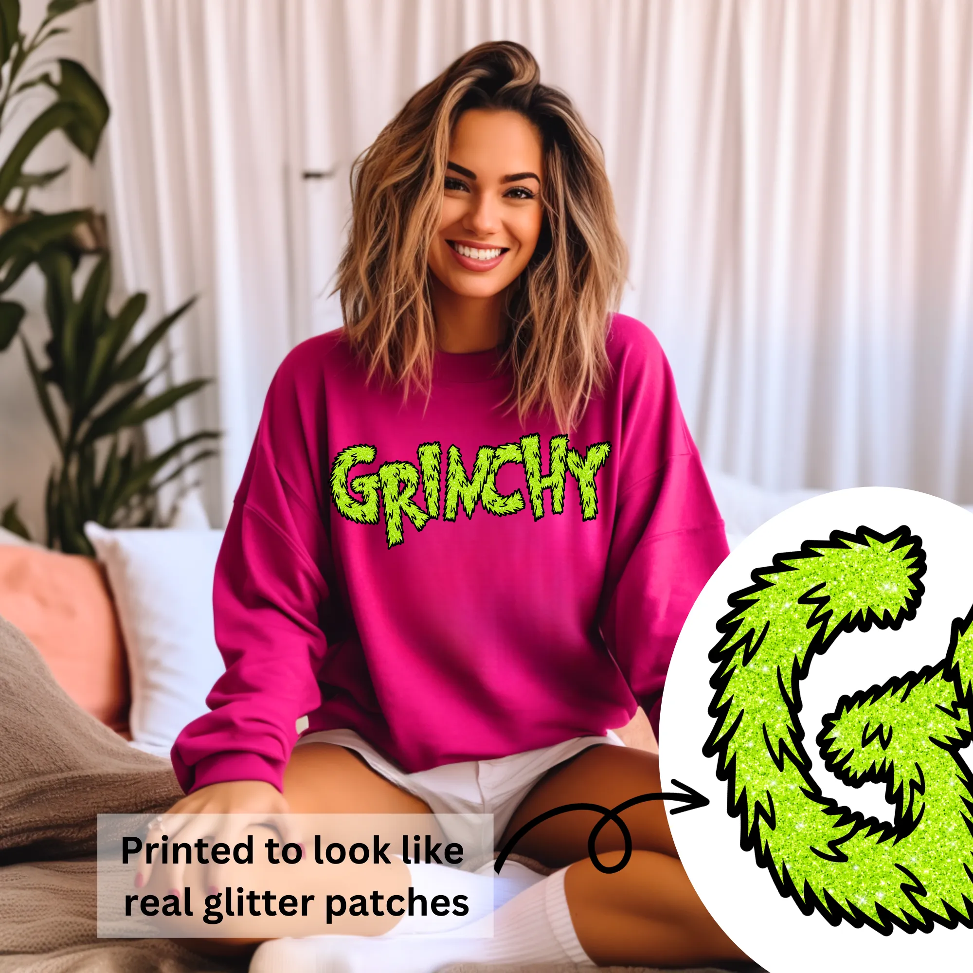 Hazel Blues® |  Grinchy Faux Glitter Graphic Sweatshirt