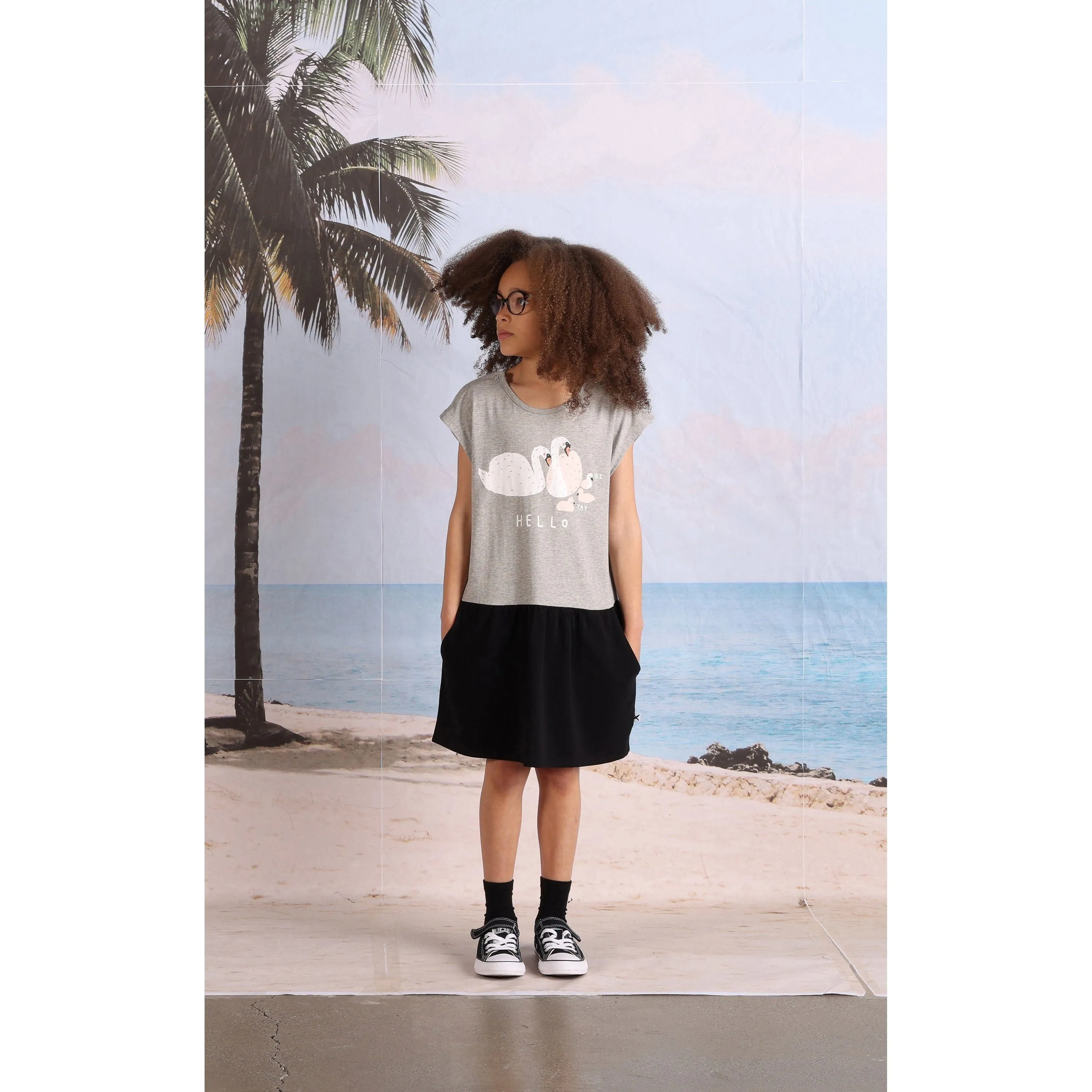 Hello Swan Dress- Grey Marle/Black