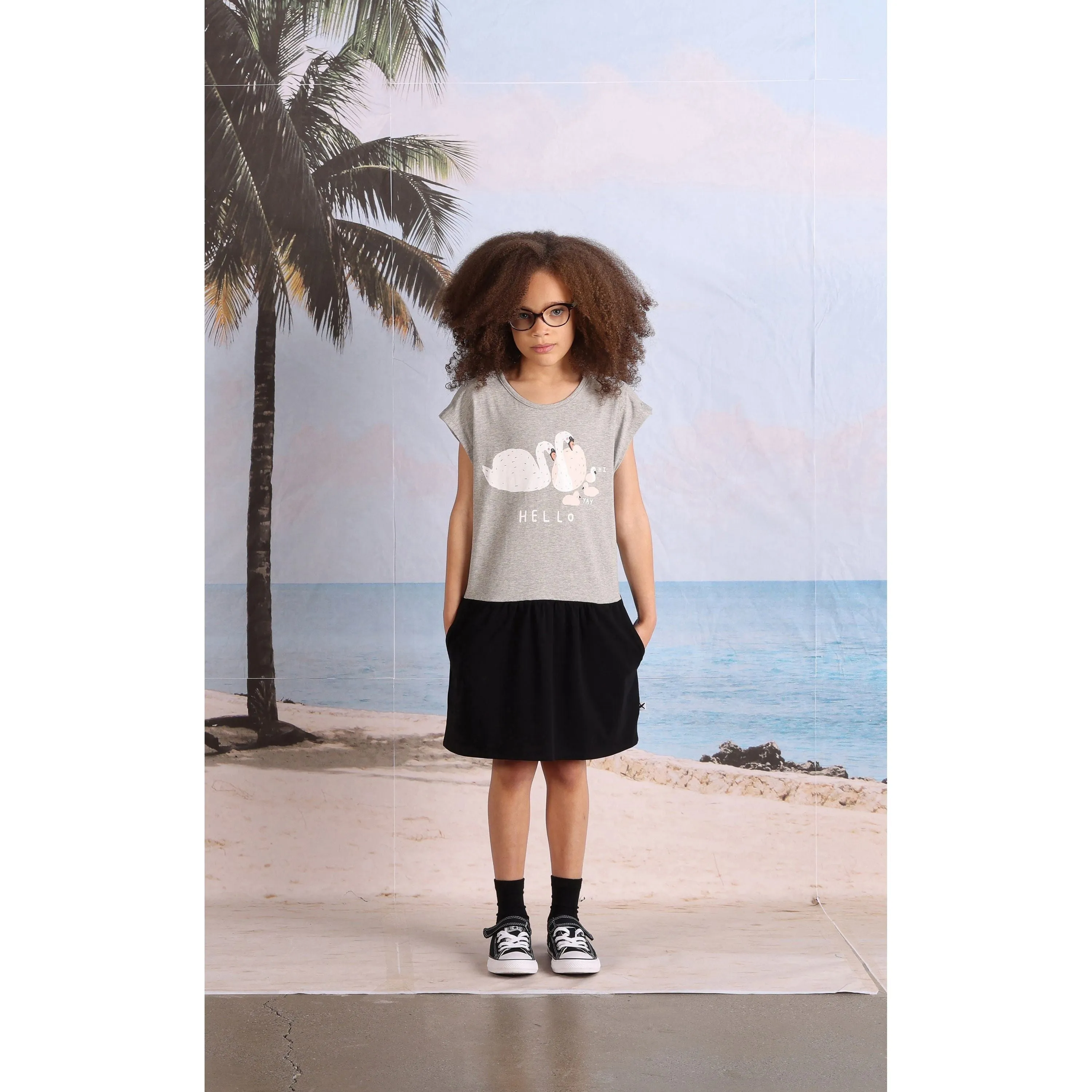 Hello Swan Dress- Grey Marle/Black