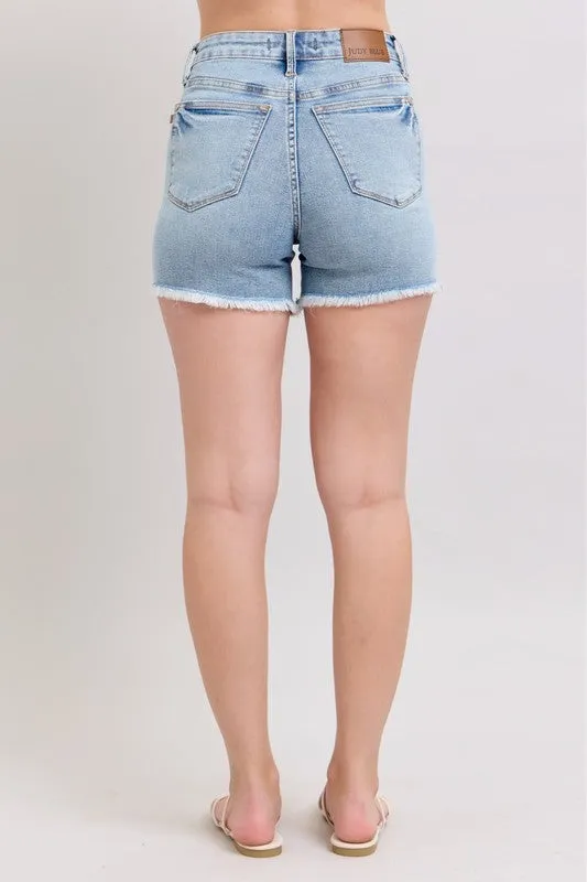 Judy Blue HW Tummy Control Light Destroy & Fray Hem Shorts