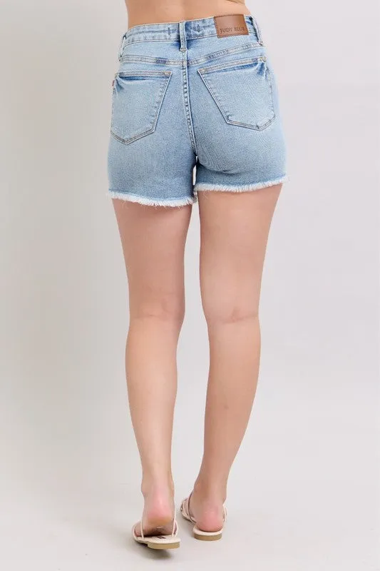 Judy Blue HW Tummy Control Light Destroy & Fray Hem Shorts