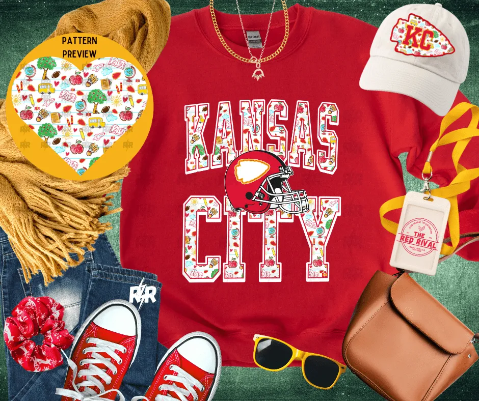 KANSAS CITY W/ HELMET School Icons w/o text in arrowhead Red Tee or Sweatshirt