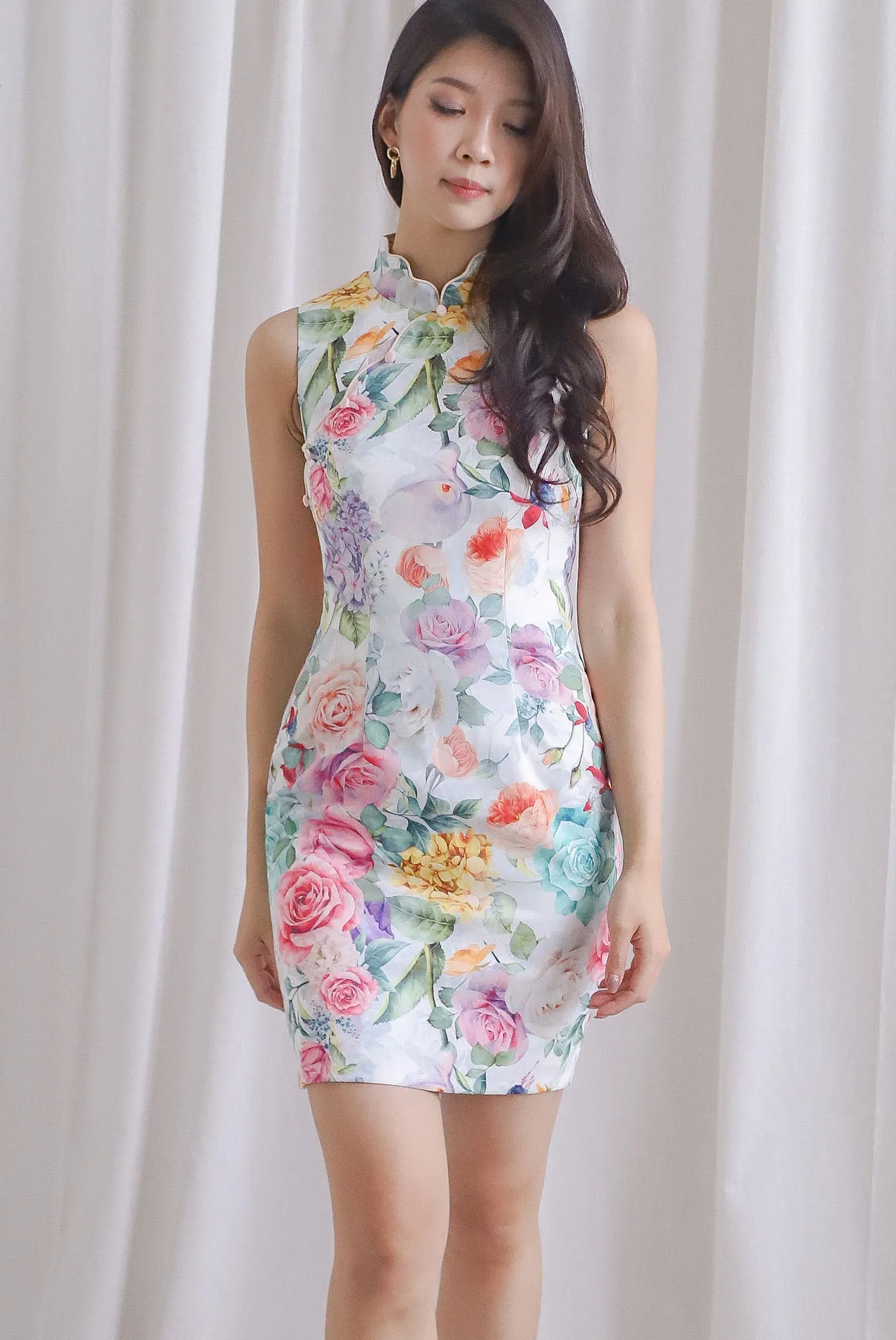 Keilanie Scallop Oriental Cheongsam Dress In Festive Floral