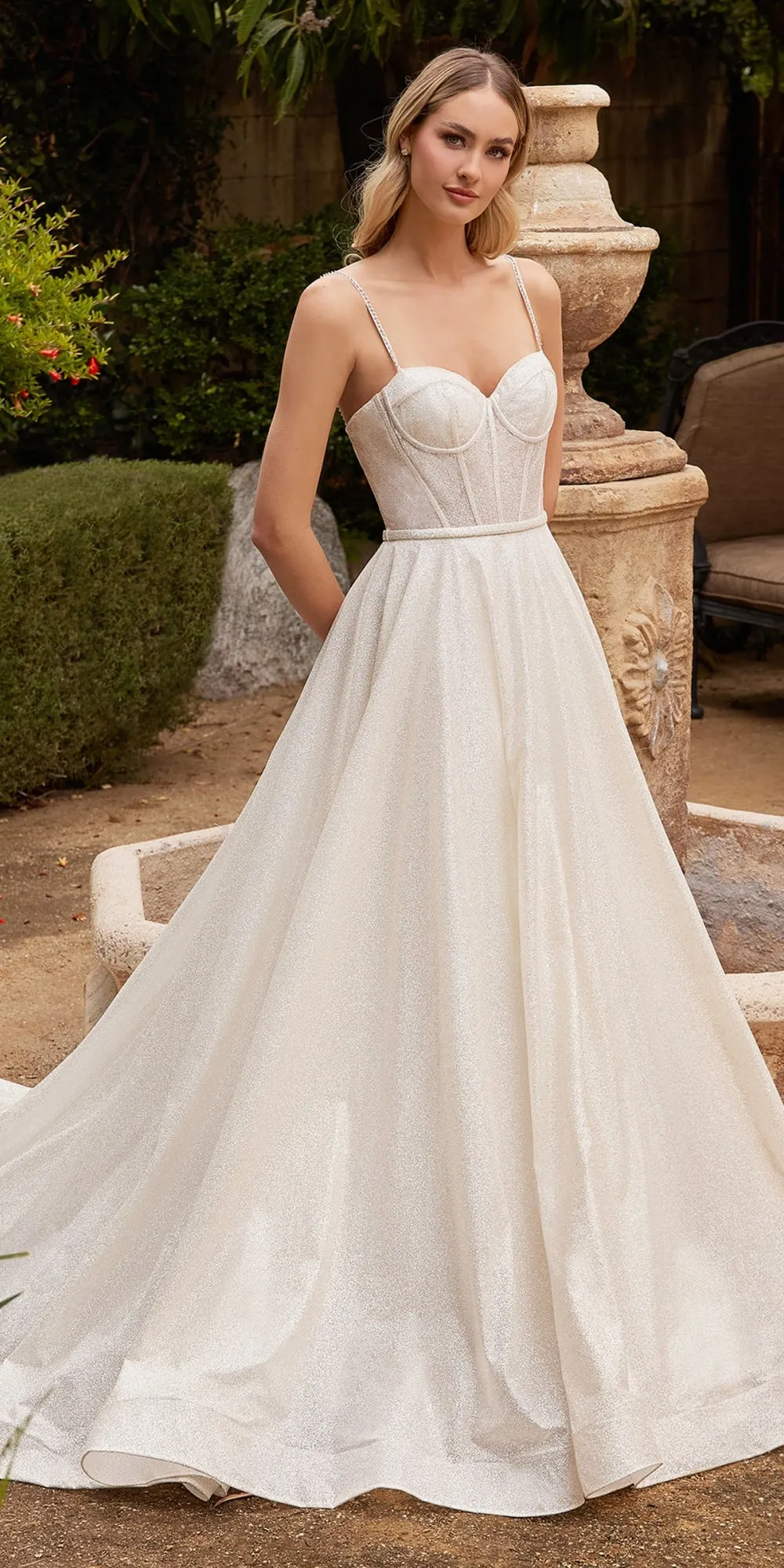 Ladivine CDS435W Long A-Line Fully-Flocked Glitter Boned Bodice Wedding Gown