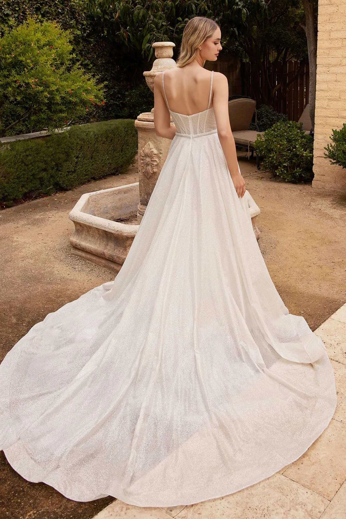 Ladivine CDS435W Long A-Line Fully-Flocked Glitter Boned Bodice Wedding Gown