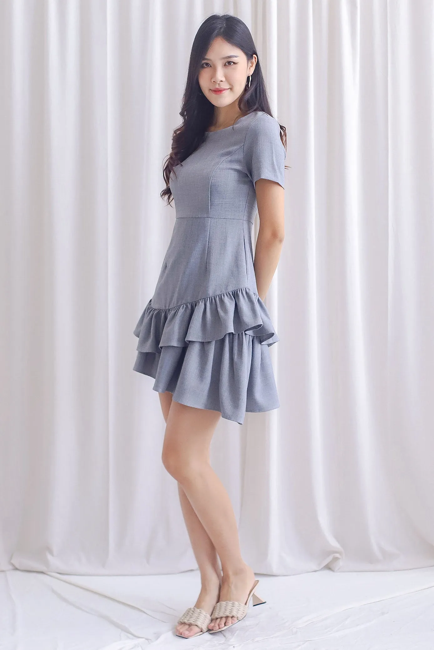 Lindea Asymm Tiered Sleeve Dress In Grey