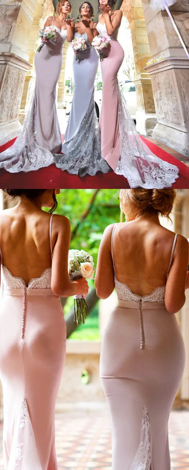 MACloth Mermaid Lace Jersey Long Bridesmaid Dress Pink Wedding Party Formal Gown