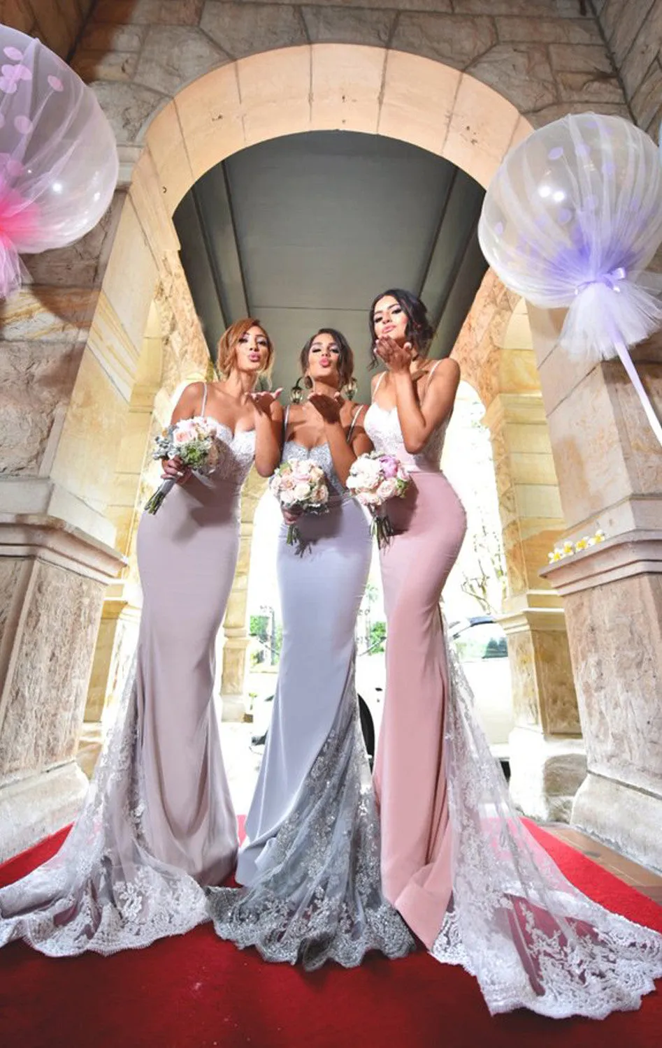 MACloth Mermaid Lace Jersey Long Bridesmaid Dress Pink Wedding Party Formal Gown