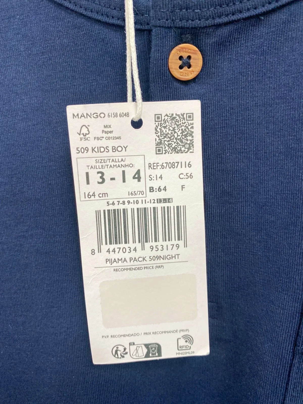 Mango Navy Pyjama Set Boys UK Age 13-14