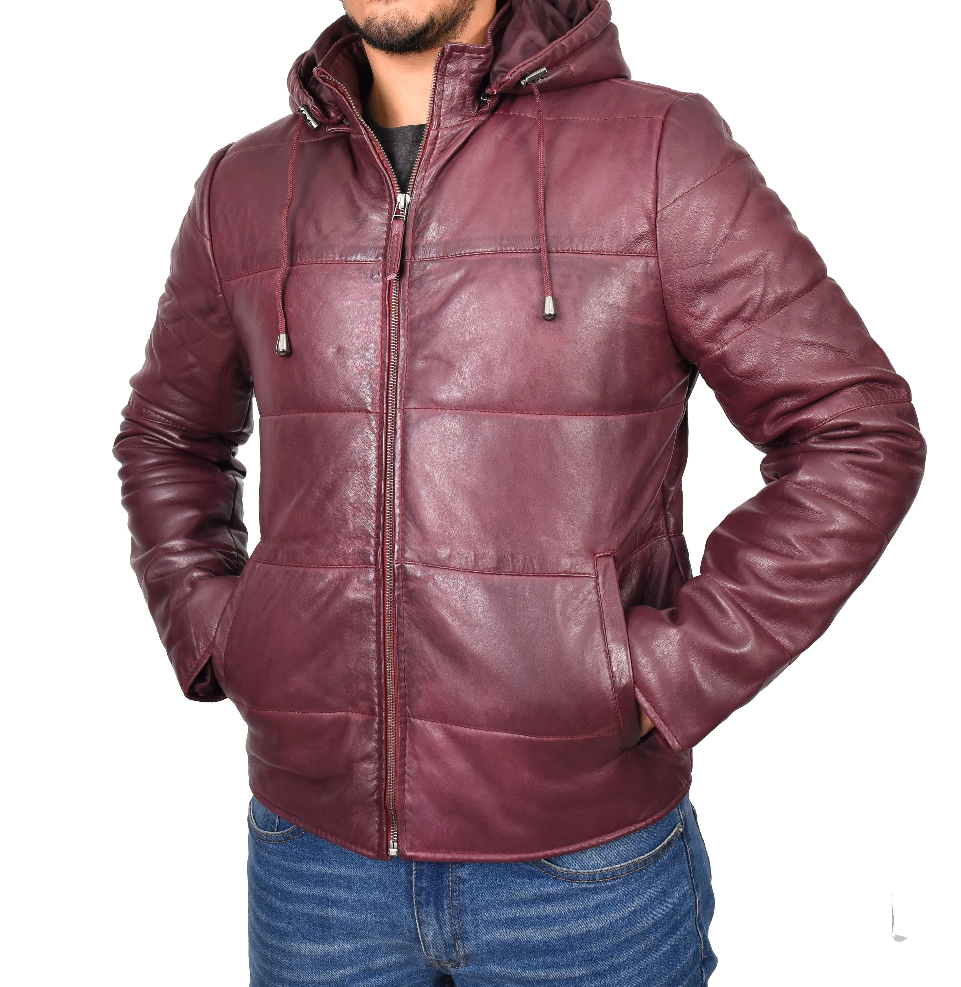 Men's Genuine Leather Hooded Puffer Jacket Burgundy Asmund