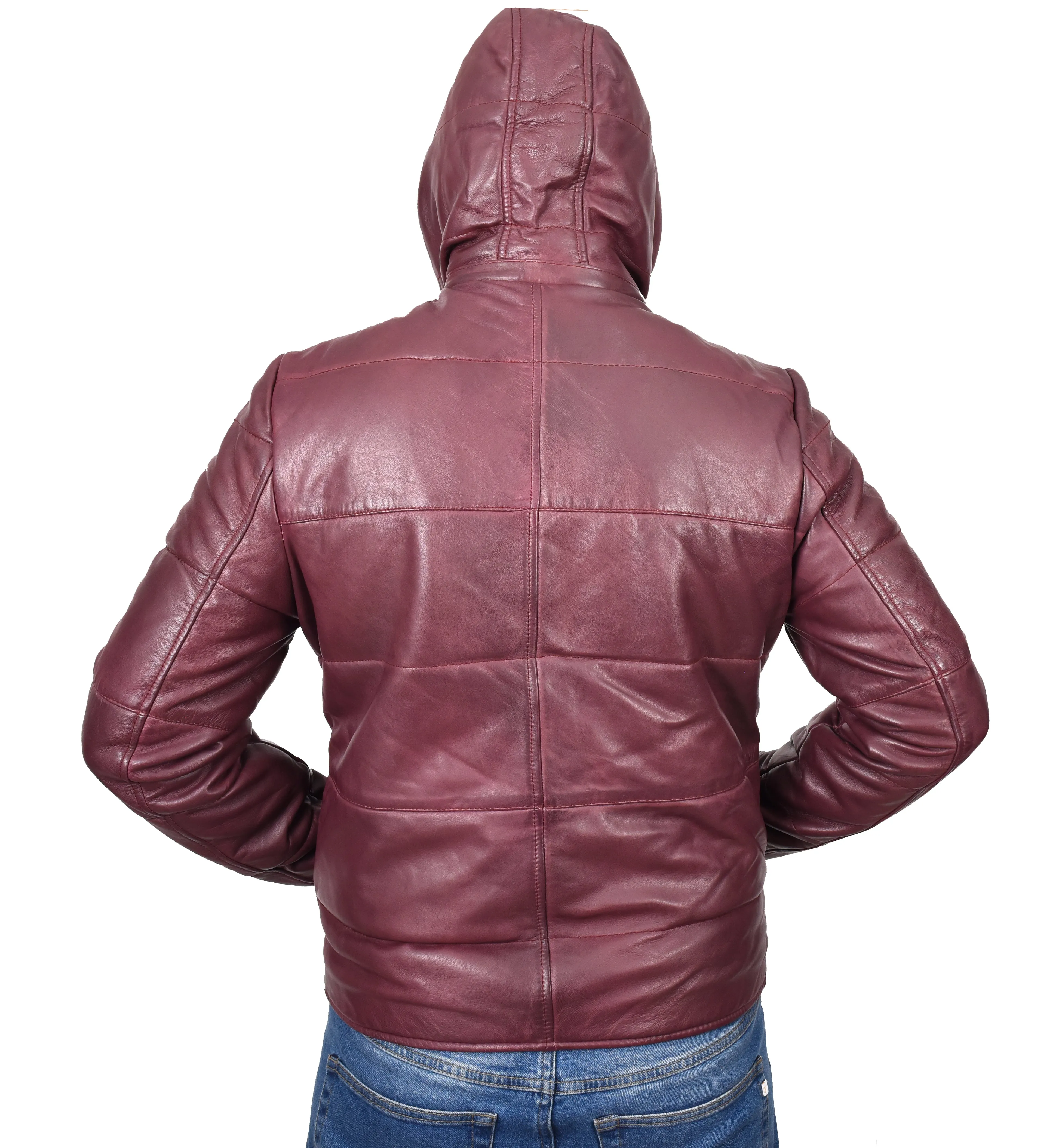 Men's Genuine Leather Hooded Puffer Jacket Burgundy Asmund