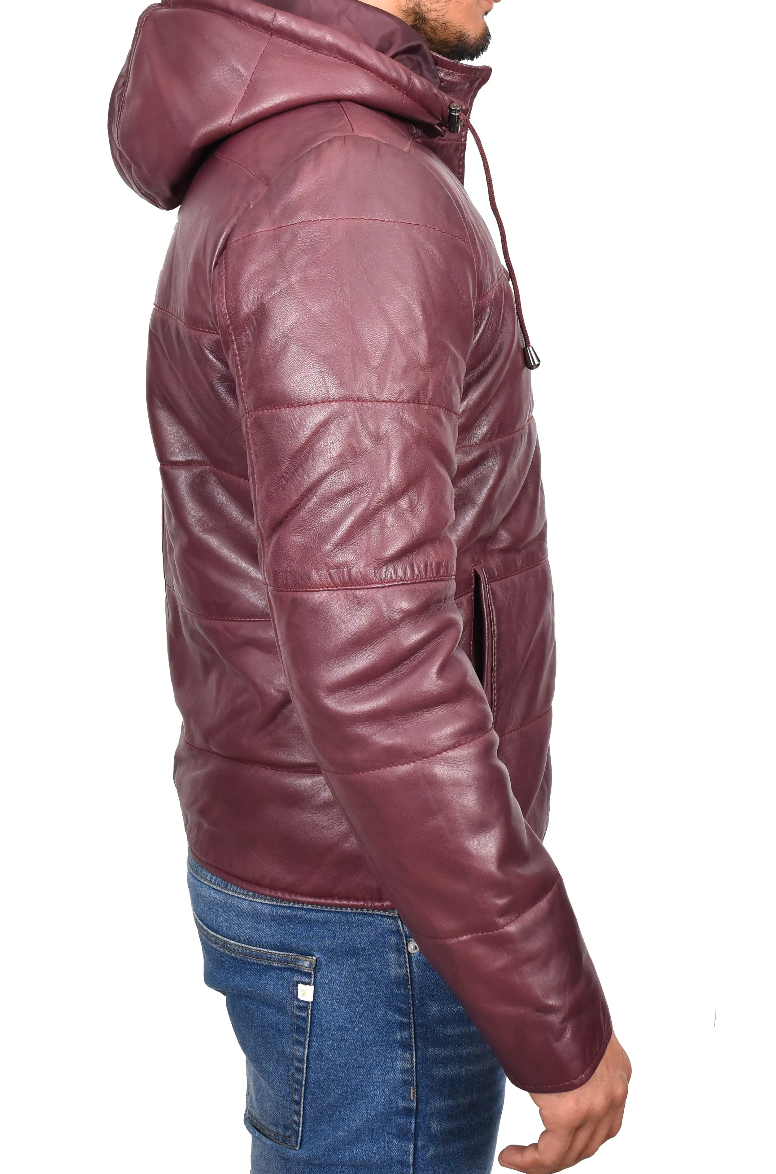Men's Genuine Leather Hooded Puffer Jacket Burgundy Asmund