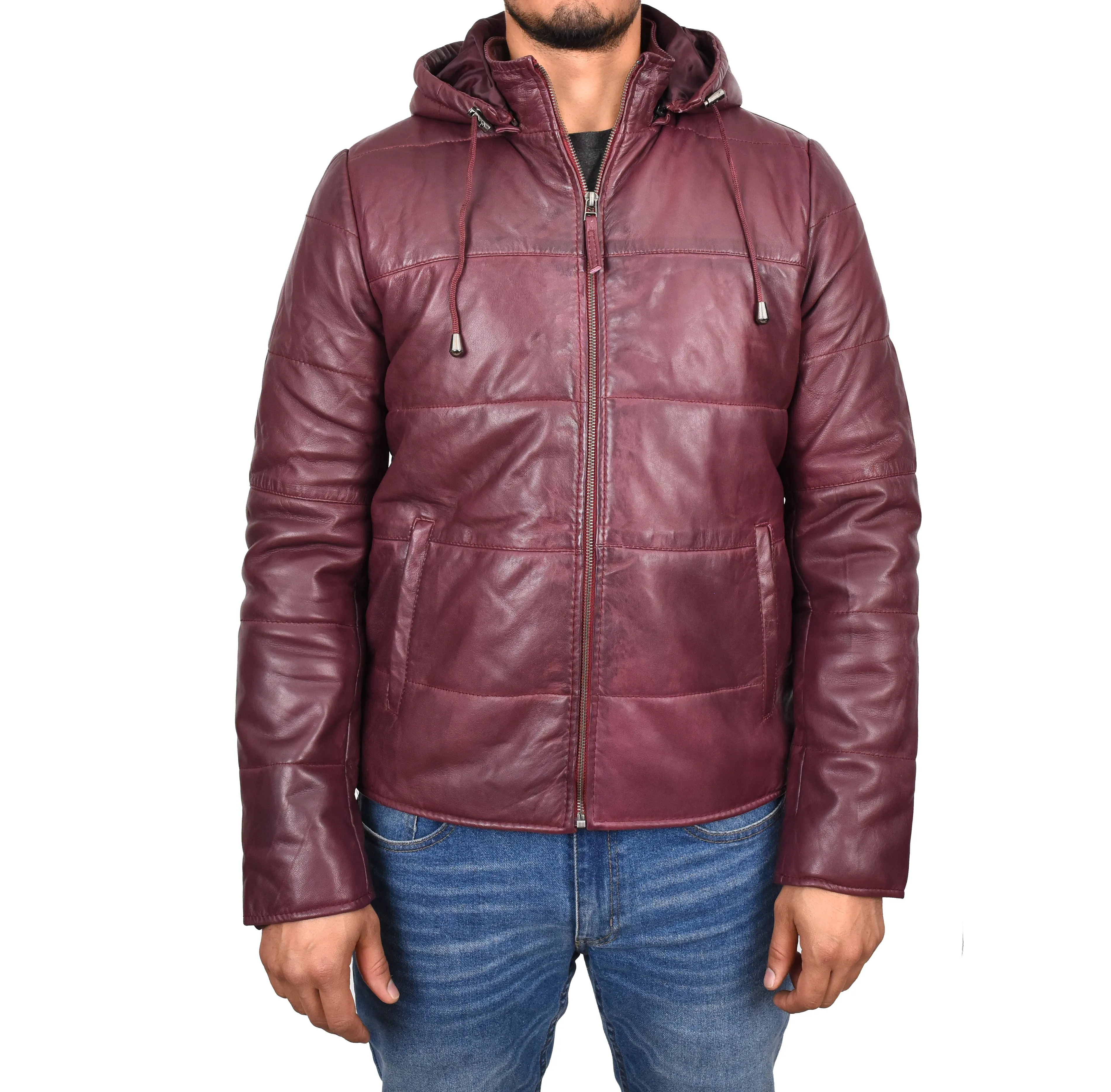 Men's Genuine Leather Hooded Puffer Jacket Burgundy Asmund