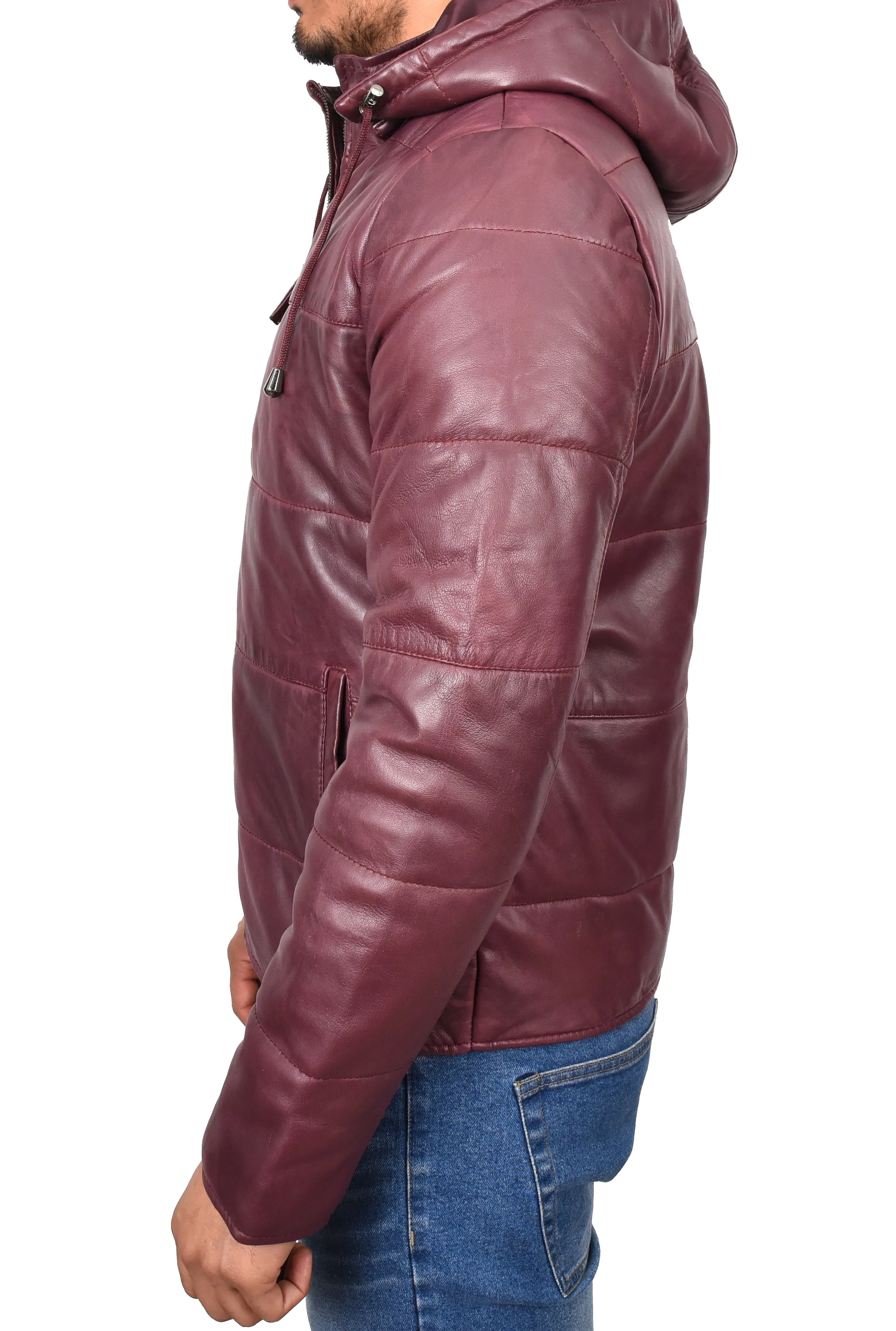 Men's Genuine Leather Hooded Puffer Jacket Burgundy Asmund