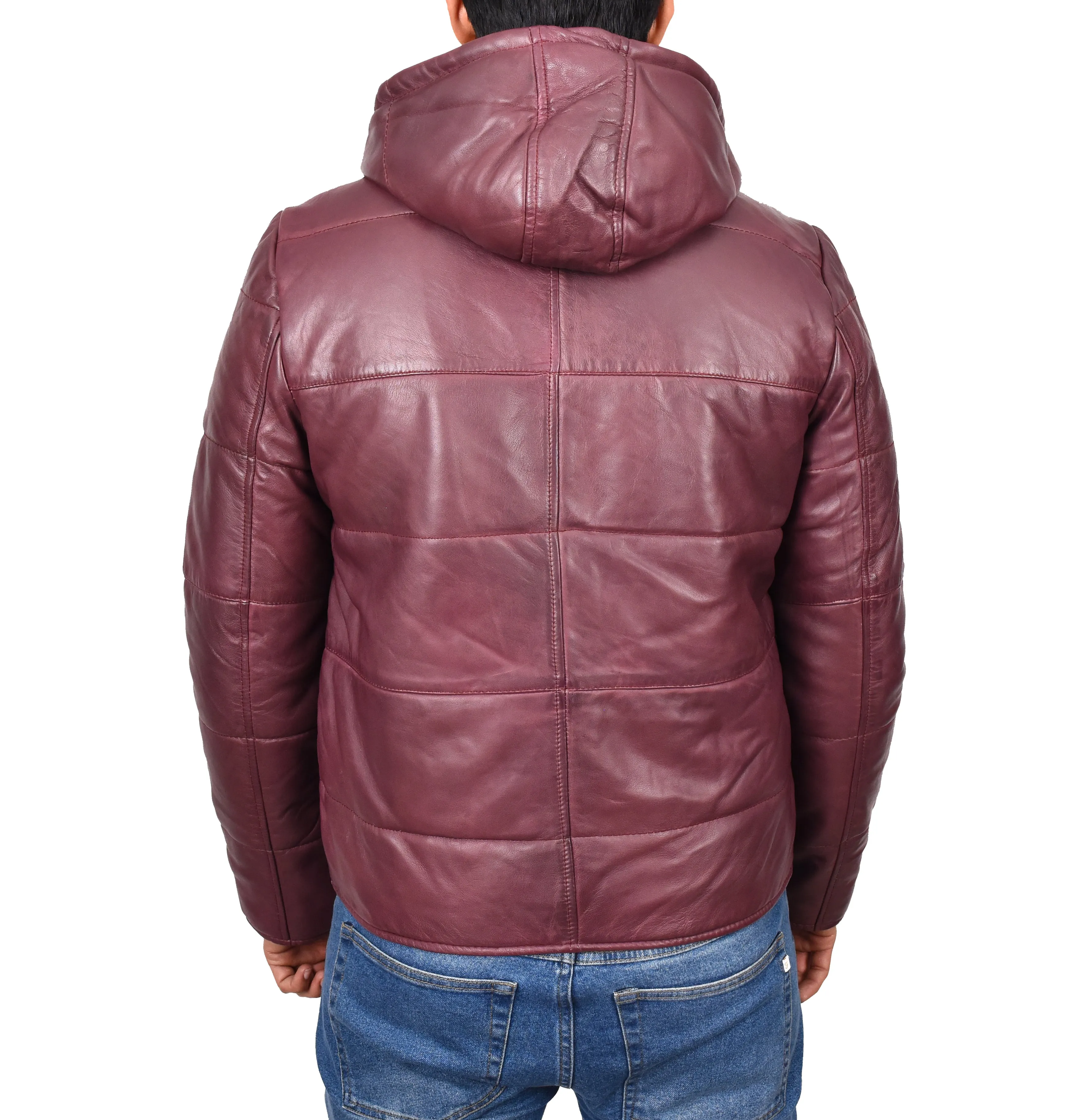 Men's Genuine Leather Hooded Puffer Jacket Burgundy Asmund